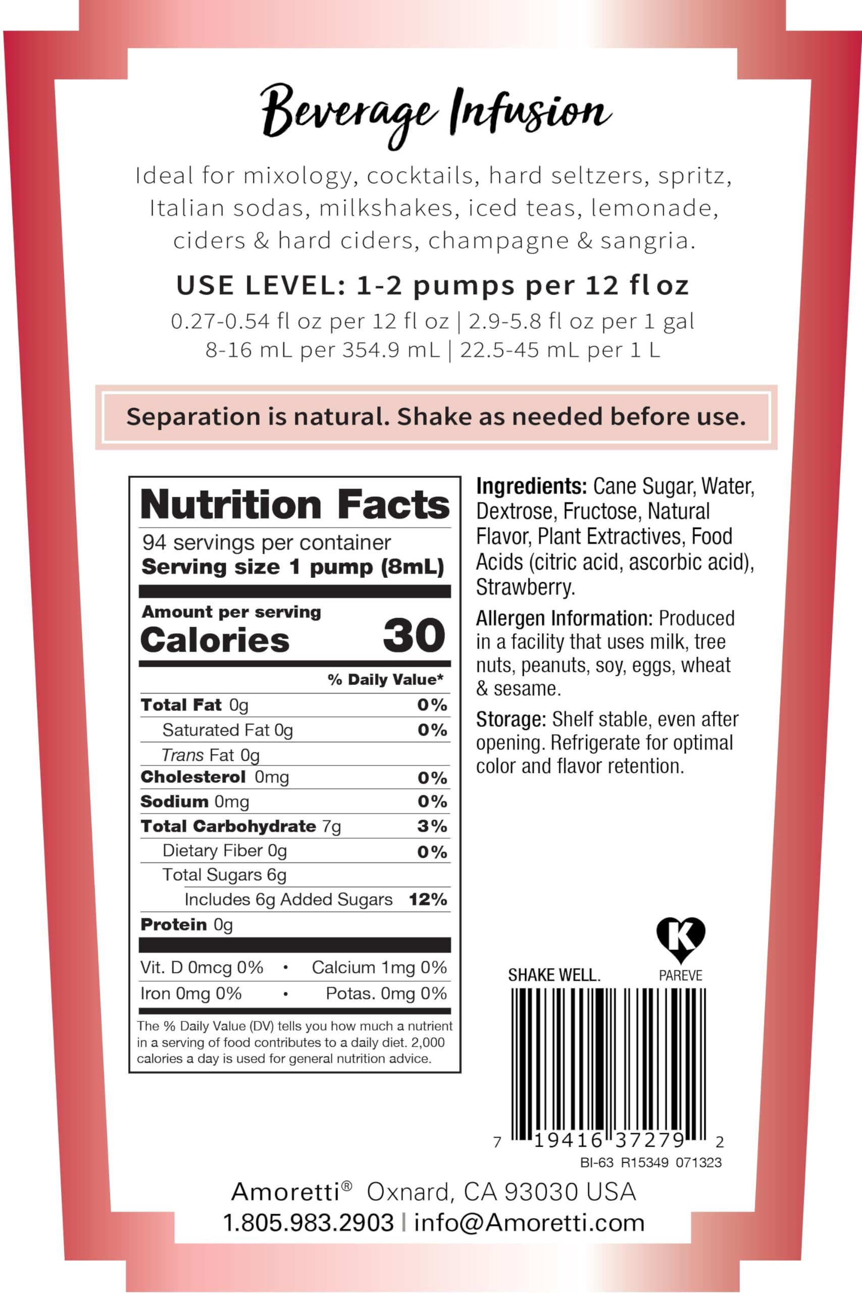 Amoretti - Wild Strawberry Beverage Infusion, 94 Servings Per Bottle (750 ml) - Drink Mix & Water Enhancer with Pump for Flavoring Cocktails, Waters