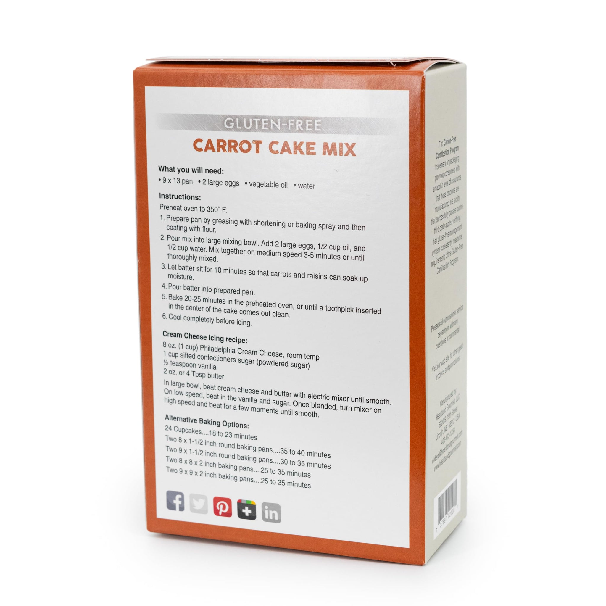 Heartland Gourmet Gluten Free Carrot Cake Mix - Soft and Moist - Certified Gluten Free Ingredients - All Purpose - Safe for Celiac Diet - 2020 - Pack of 1
