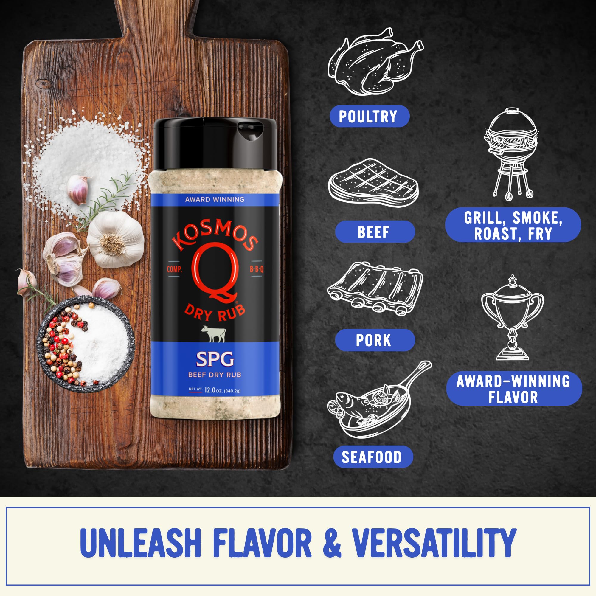 Kosmos Q SPG BBQ Dry Rub, Bold Salt Pepper Garlic Blend with Organic Cane Sugar, BBQ Seasoning for Brisket, Chicken, Steak, Ribs, Pork, Seafood