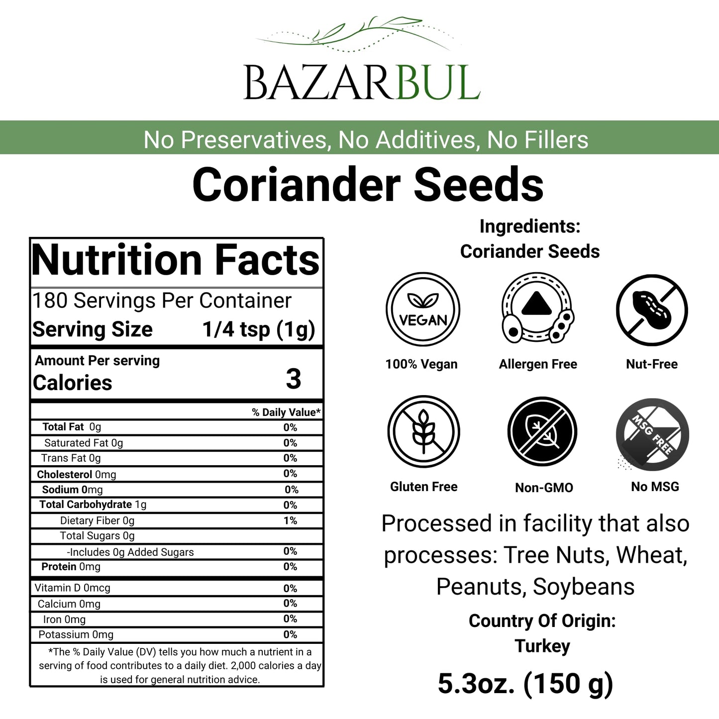 Coriander Seeds Whole, 5.3oz, Cilantra, Coriander for Cooking, Pickling Spice, Canning, Biltong, Cornbeef Brisket, Corriander Tea, AKA Dhania