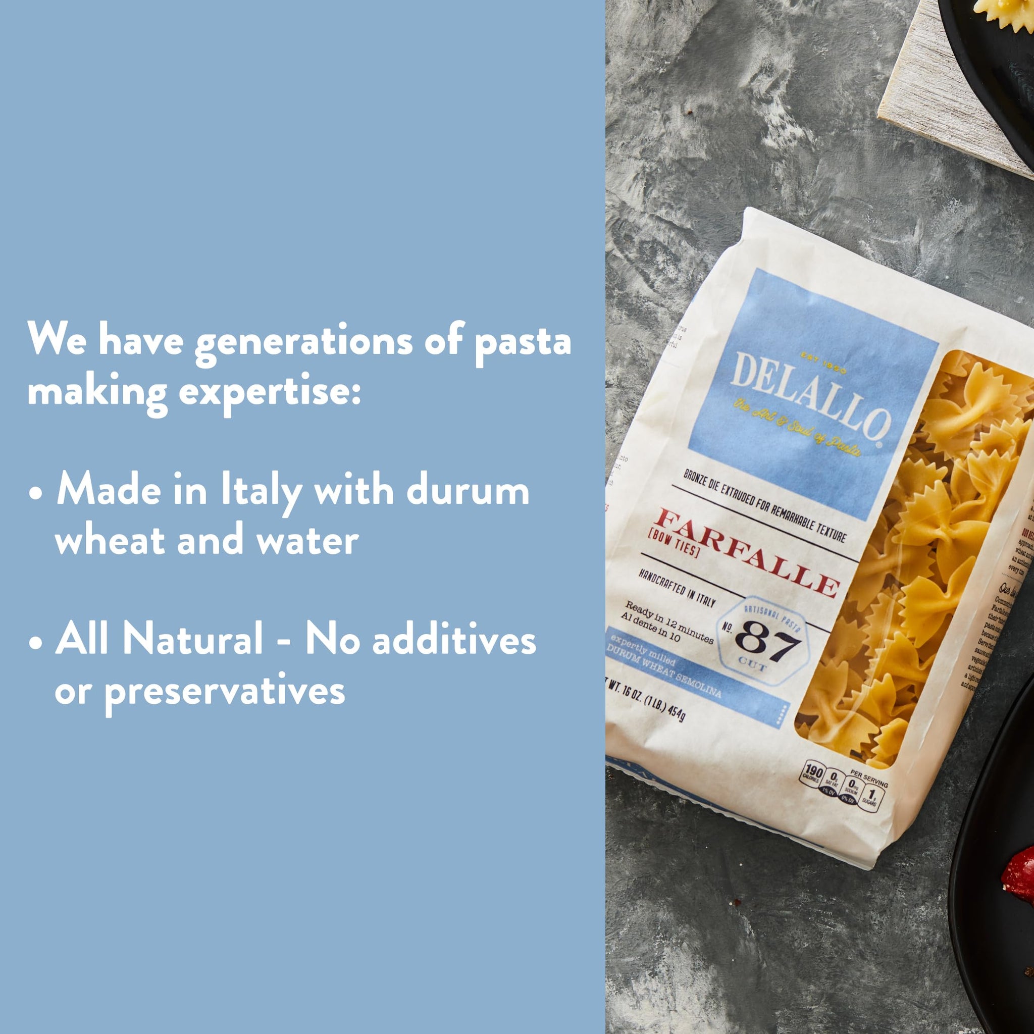 DeLallo Farfalle Pasta, Bow-Tie Shape, Made in Italy, Bronze Cut, Made with Only 100% Durum Wheat Semolina Flour, All Natural, Non-GMO, Kosher, Vegna