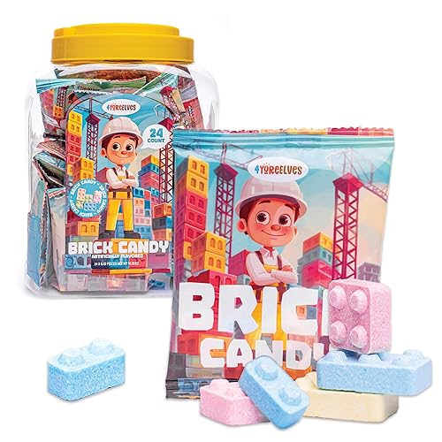Candy Bricks, 24 Individual Party Favor Bags of Tutti Frutti Flavored Blocks for Construction Themed Fun, Brick Shaped Cake Topper and Party Candy in