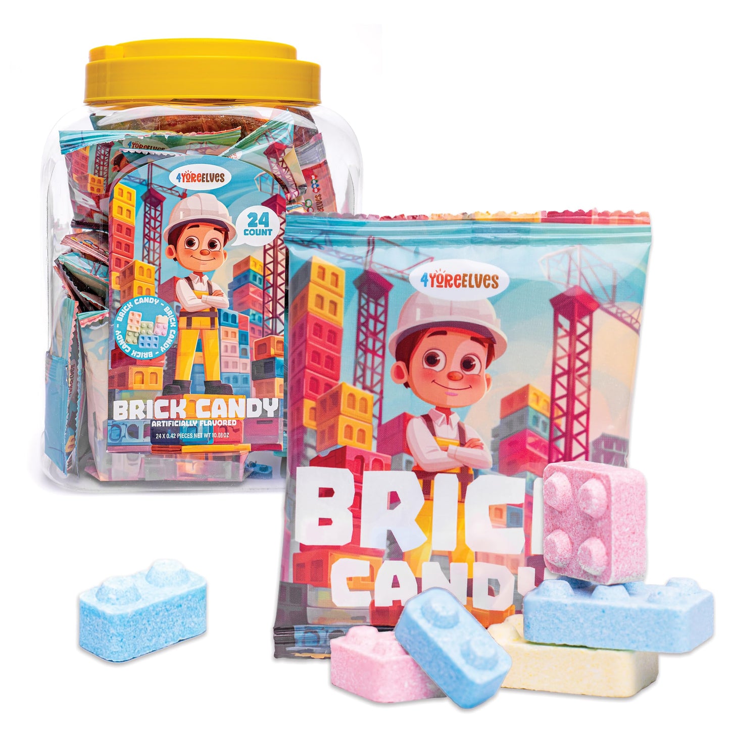 Candy Bricks, 24 Individual Party Favor Bags of Tutti Frutti Flavored Blocks for Construction Themed Fun, Brick Shaped Cake Topper and Party Candy in