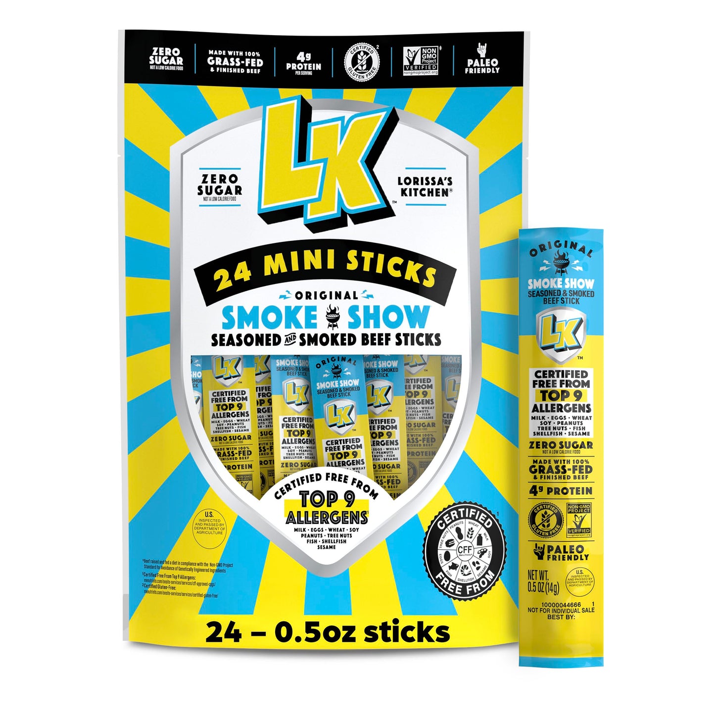 Lorissa's Kitchen Smoke Show Seasoned & Smoked Mini Beef Sticks - (Pack of 24) 0.5 oz Meat Sticks - Ready to Eat Protein Snacks - Free from Top 9