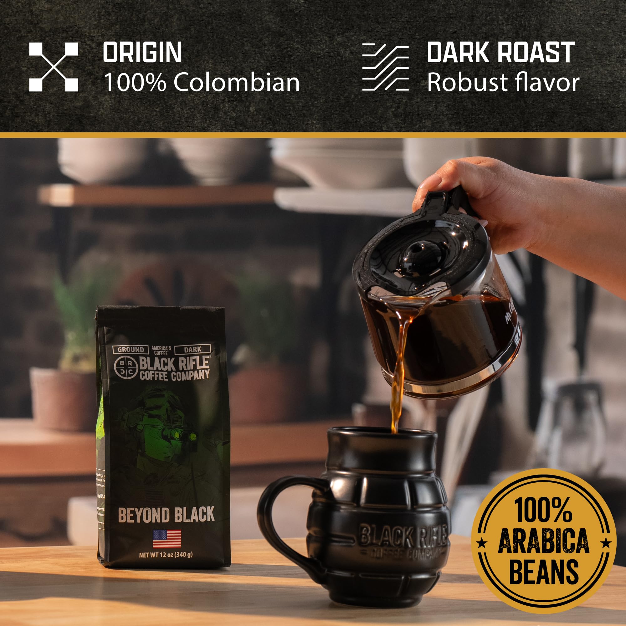 Black Rifle Coffee Company Beyond Black, 12oz Bag, Whole Bean Dark Roast - Roasted Blend Made from Arabica Beans - Colombian & Brazilian Beans