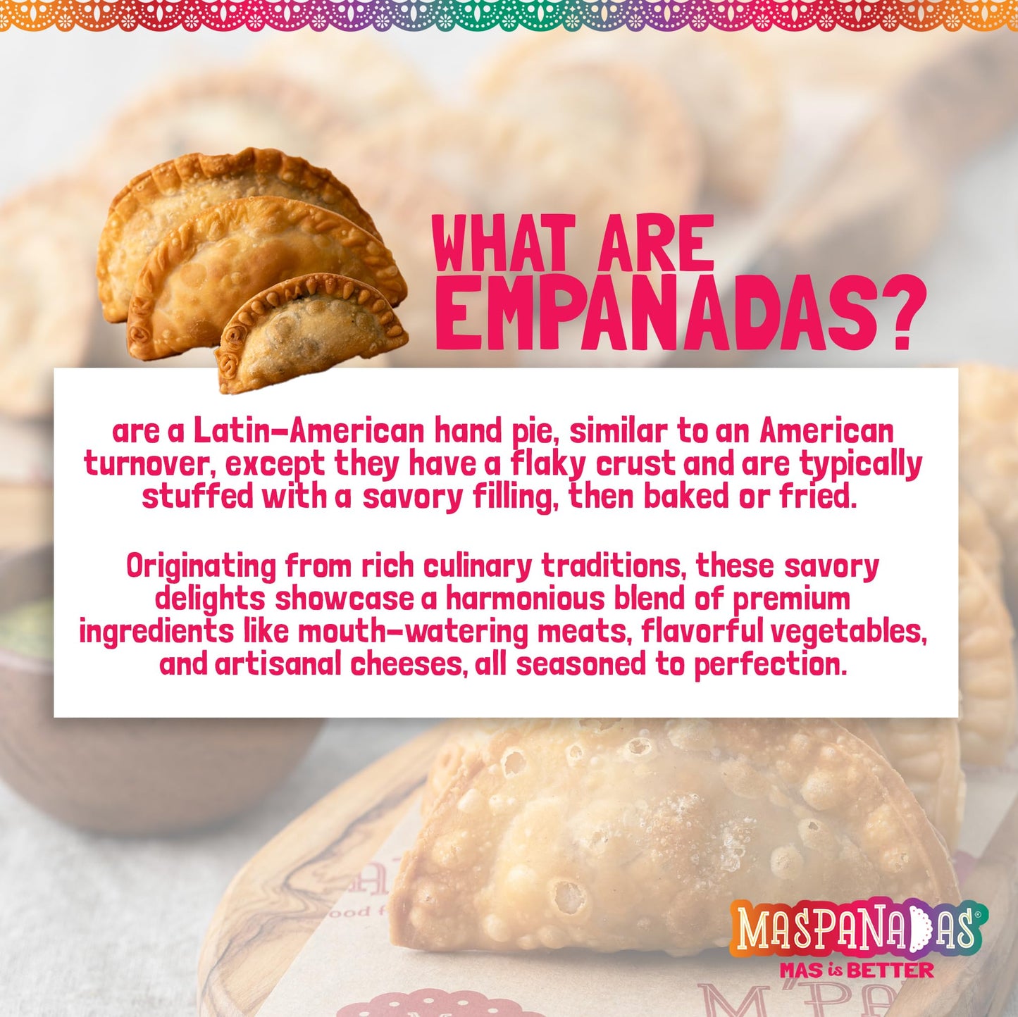 MasPanadas Chicken & Vegetable Empanadas, 7.5 oz. - Nutrient, Wholesome Ingredients, Premium Chicken Thigh Meat - Ready in Minutes - Authentic Hand
