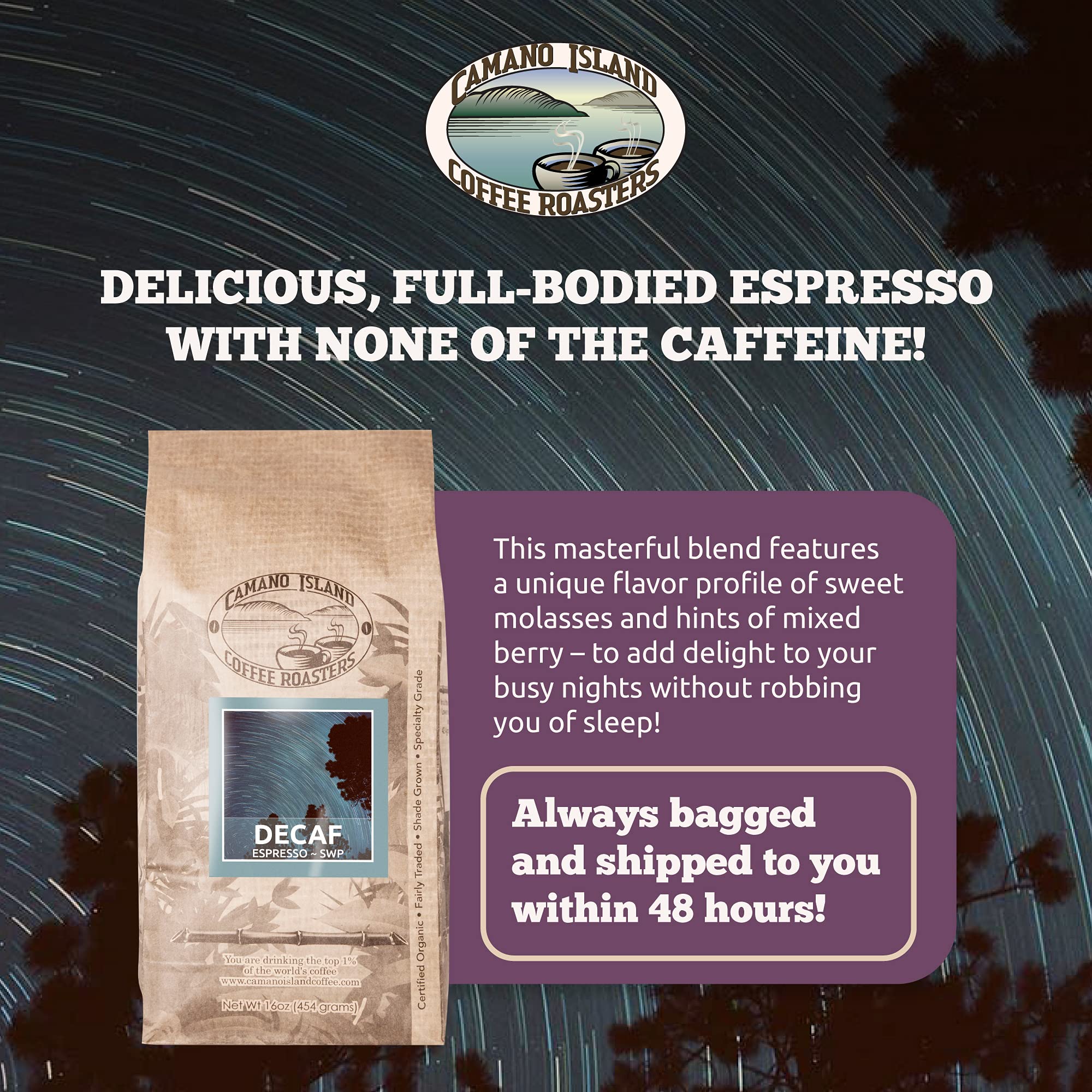 Camano Island Coffee Roasters Decaf Espresso Blend, Whole Bean 1lb, Fresh Dark Roast Swiss Water Processed, USDA Organic, Fairly Traded, Shade Grown