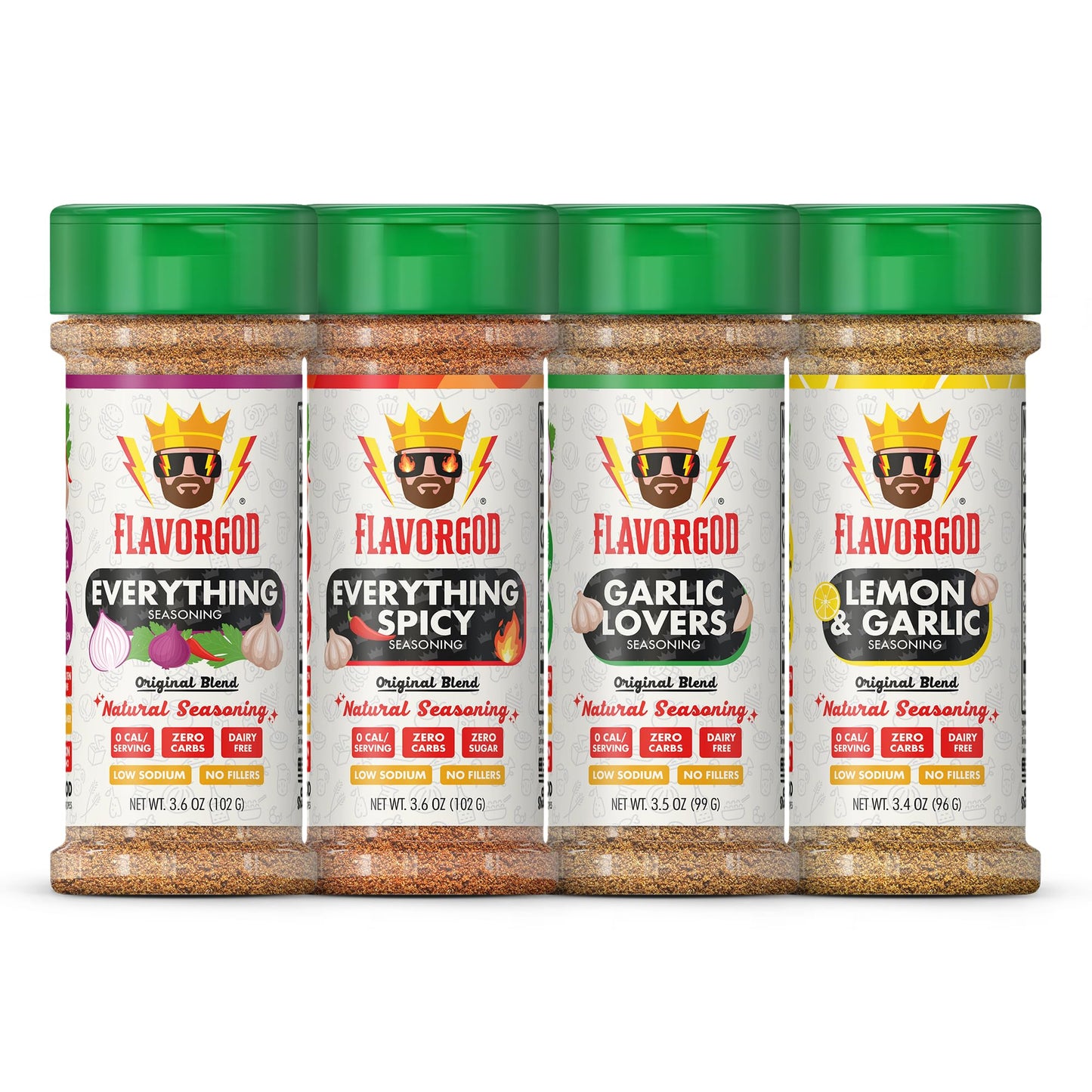 Flavor God Classic Combo Pack Of 4 Seasoning & Spices for Cooking, Everything, Everything Spicy, Garlic Lovers, Lemon & Garlic, Low Sodium, Healthy