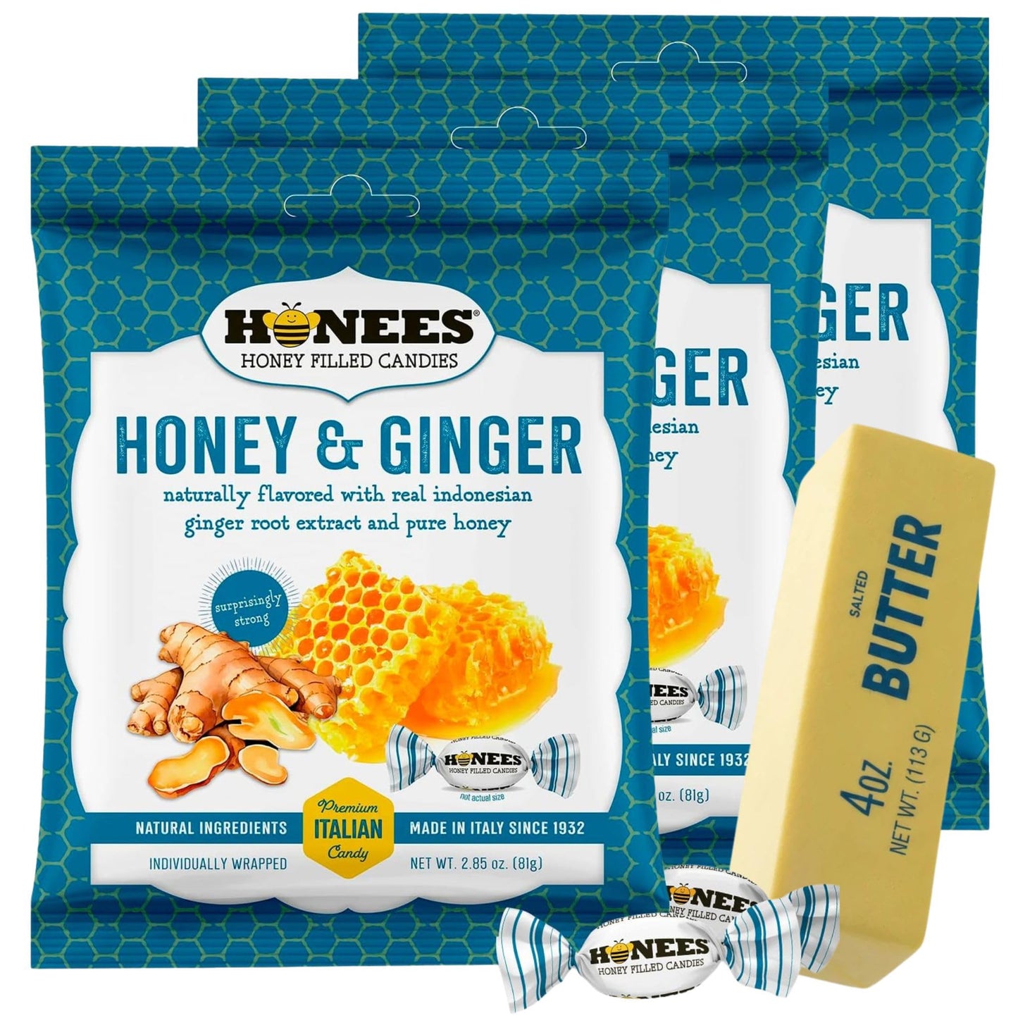 Honees Candy Honey & Ginger 2.85 oz (Pack of 3) - Honey Ginger Candy - Soothing Filled Drops - Individually Wrapped Candies for Home or Office - 4