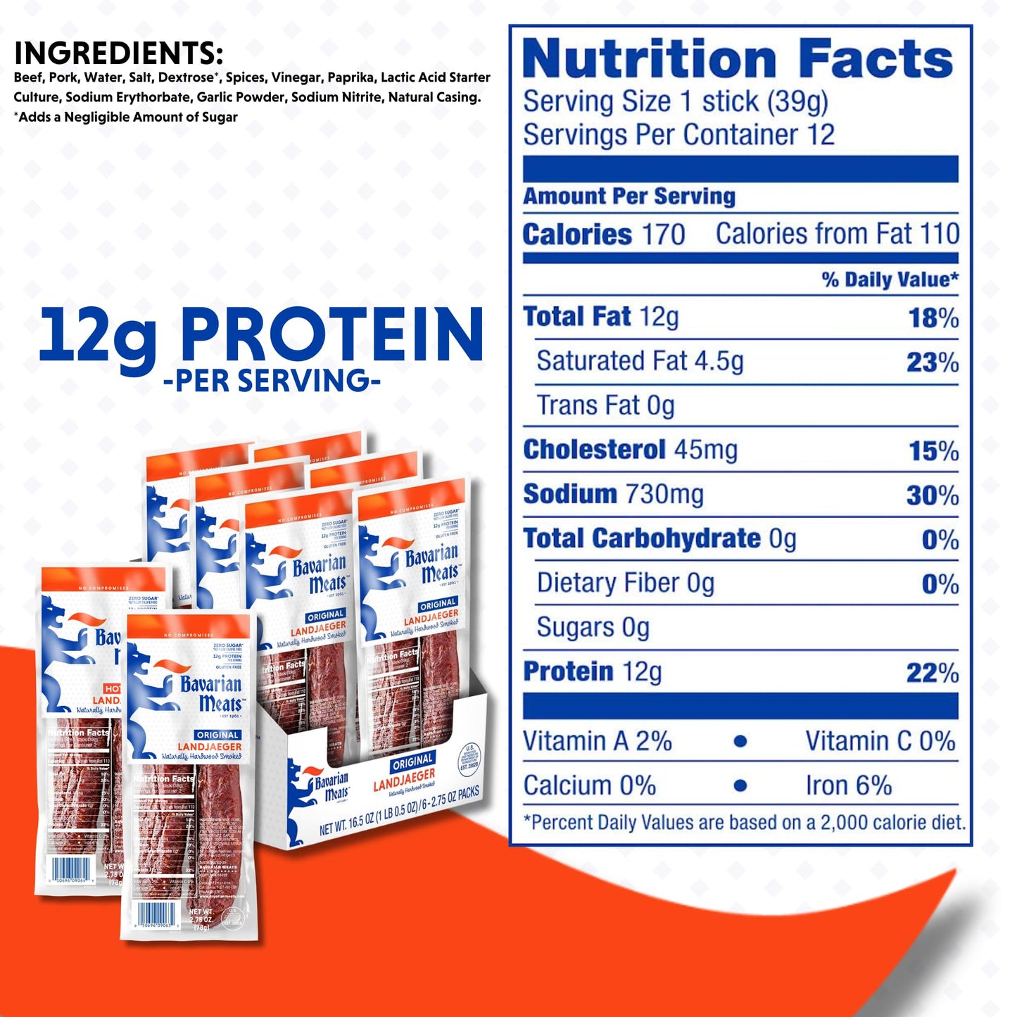 Bavarian Meats Landjaeger Meat Sticks, Smoked Sausage Protein Snacks, Zero Sugar, Great Source of Protein, Gluten Free, Keto Friendly Low Carb Snack
