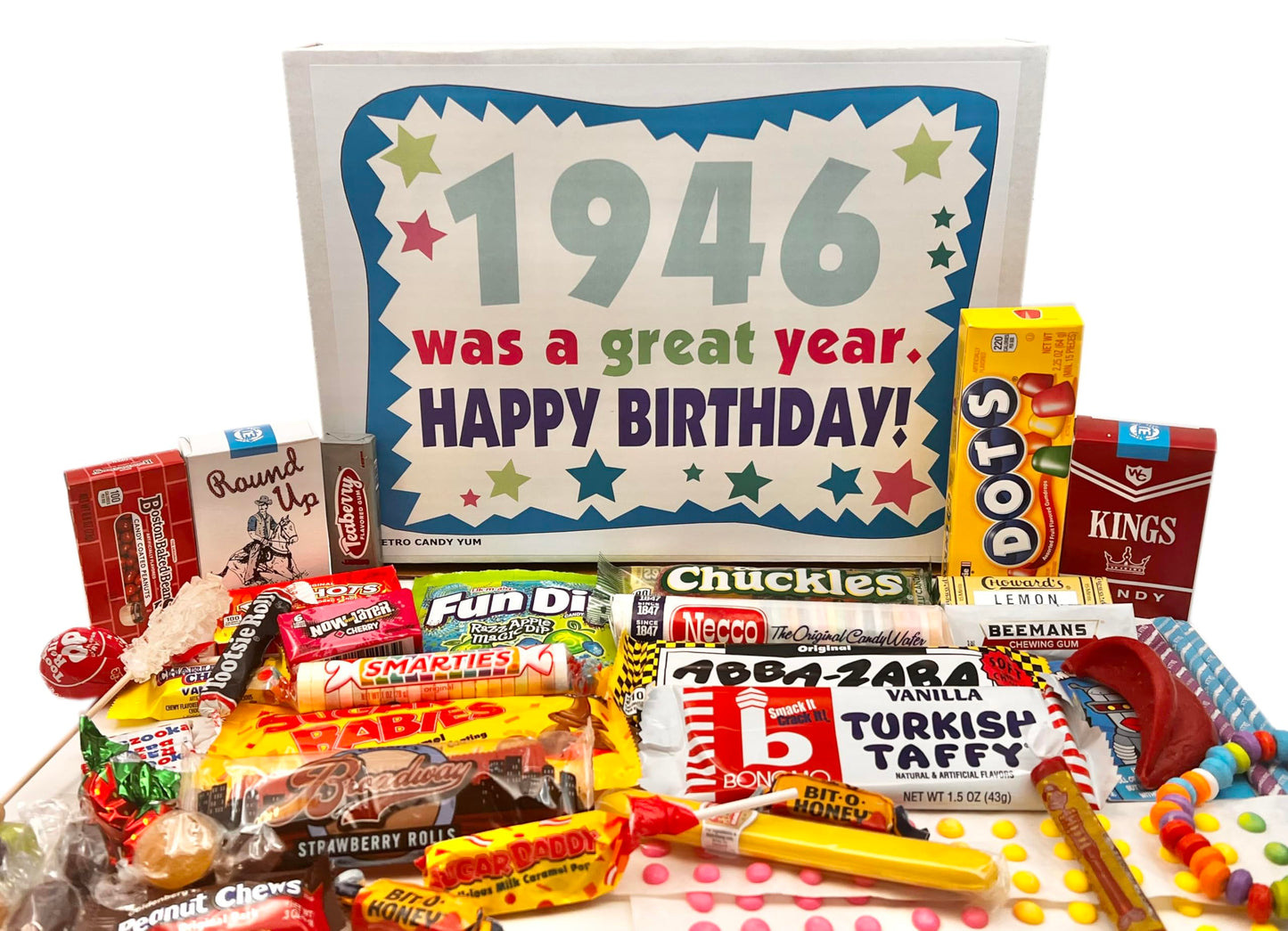RETRO CANDY YUM ~ 1946 80th Birthday Gift Box of Nostalgic Retro Candy from Childhood for 80 Year Old Man or Woman Born 1946
