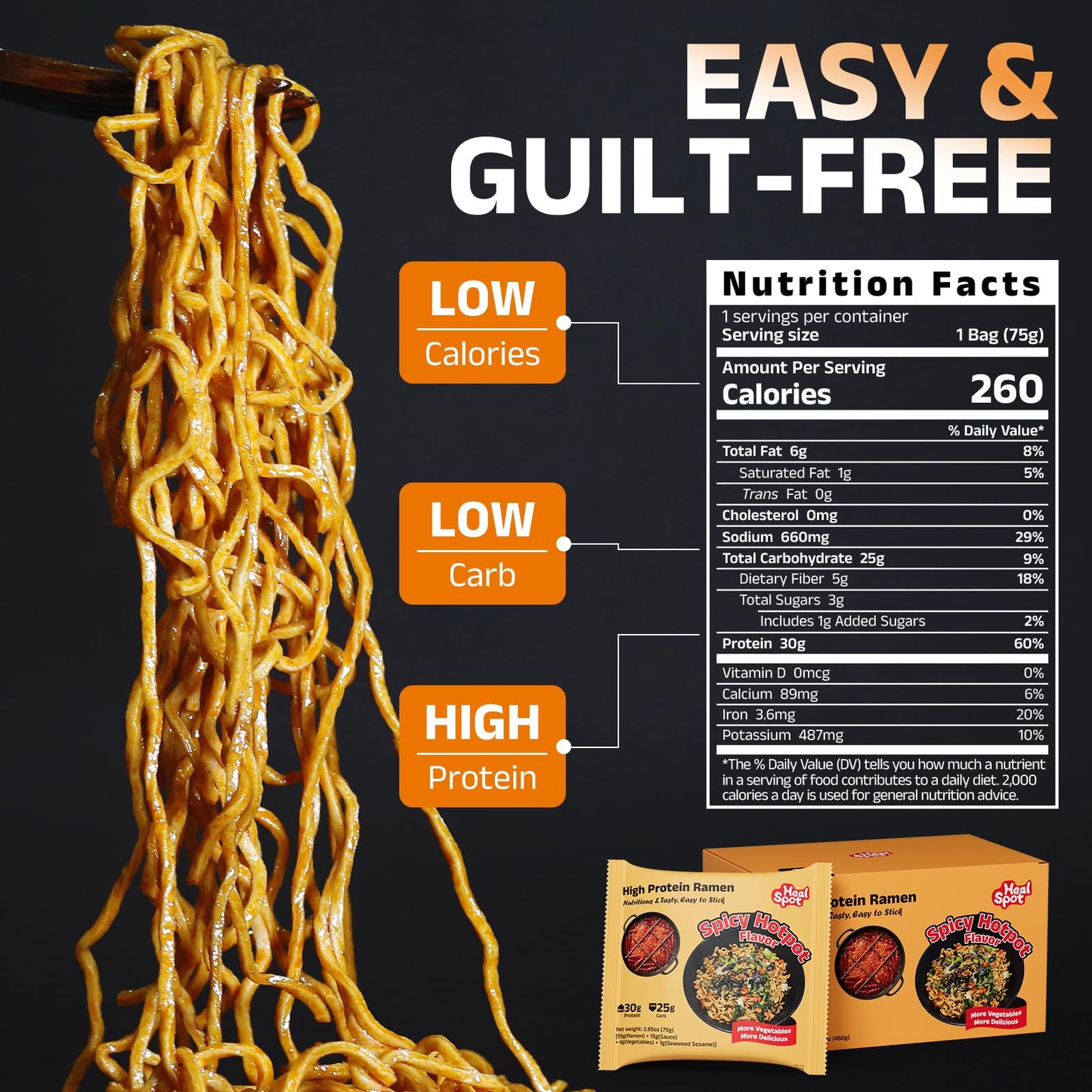 HealSpot High Protein Instant Ramen, 31g Plant Based Protein, Low Fat, Low Carb, Non GMO, Keto Friendly, Plant Based Dry Mixed Ramen, 6 Packs of Hot
