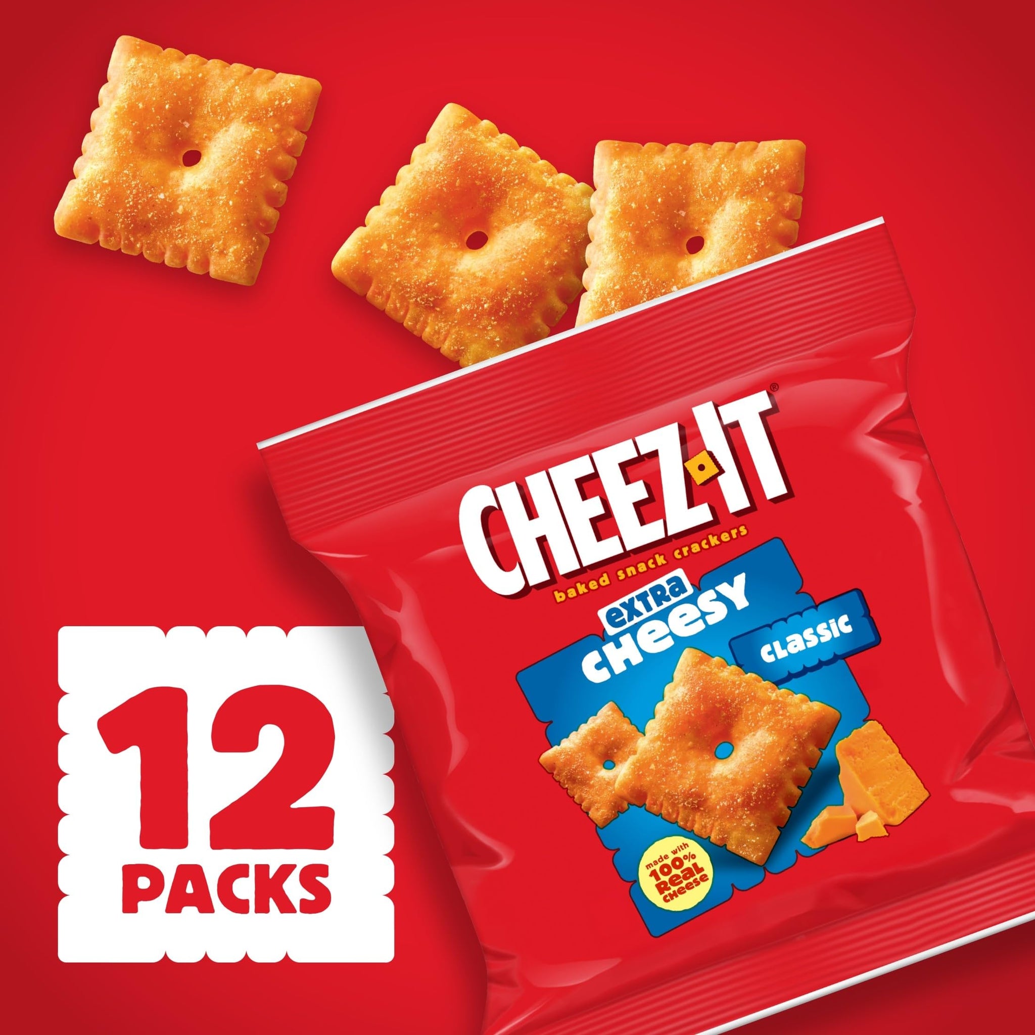 Cheez-It Baked Snack Crackers, Lunch Snacks, Extra Cheesy, 12oz Box (12 Packs)