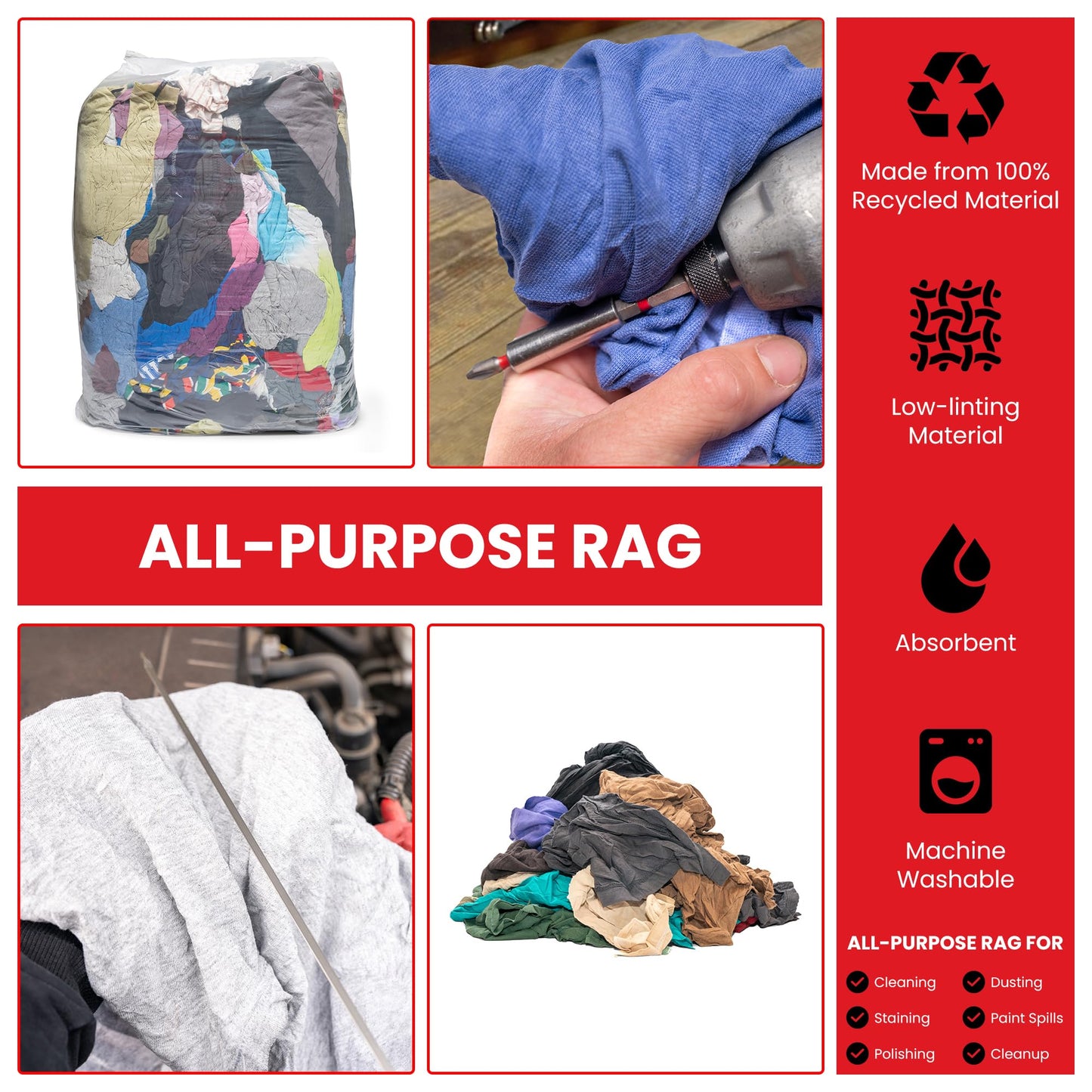 Buffalo Industries (10085PB) Recycled Multicolored T-Shirt Cloth Rags, 50 lb. bag, All-Purpose Rag for Cleaning, Paint Spills and Cleanup, Staining