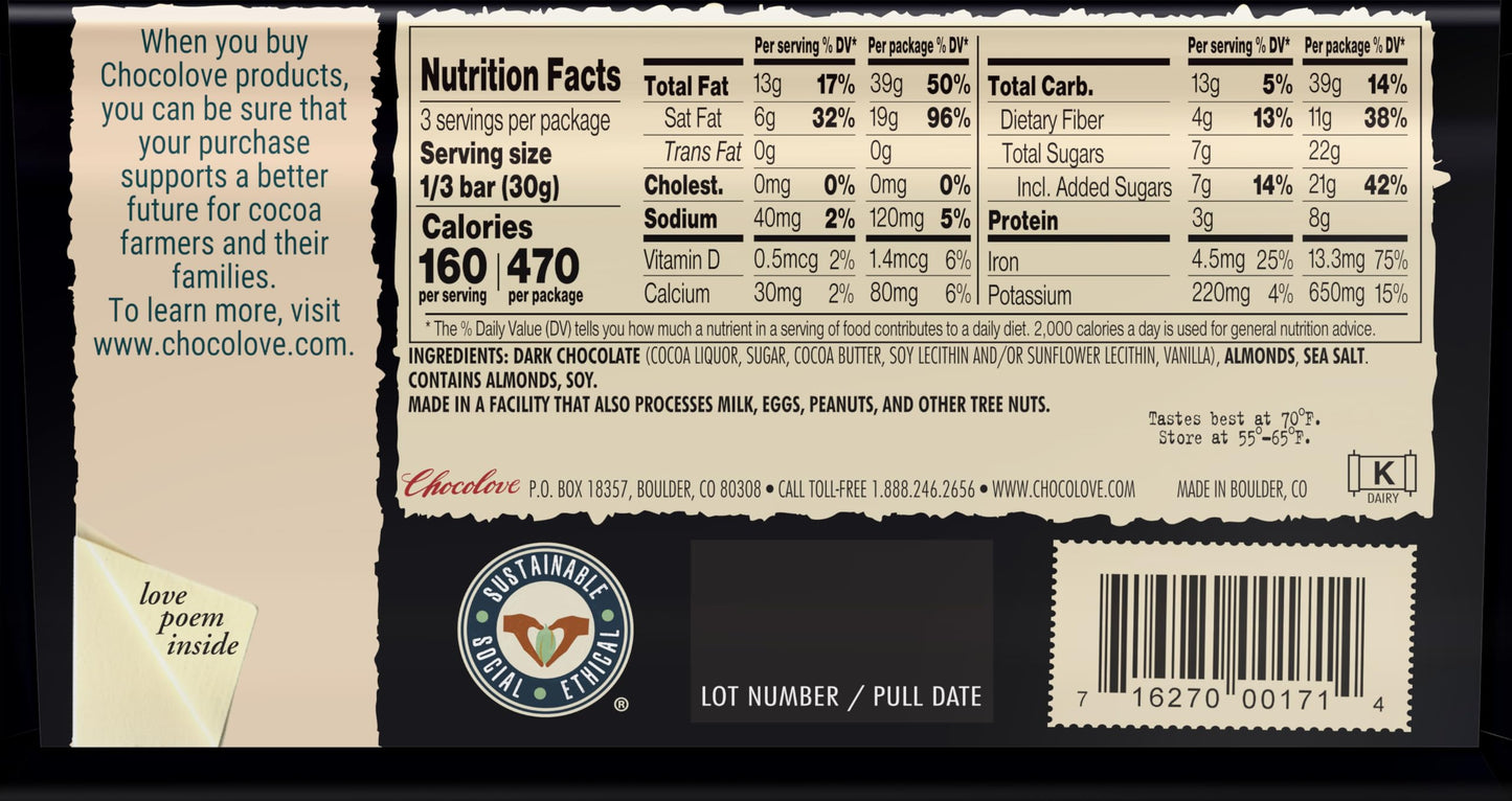 Chocolove, Chocolate Bar Dark Almonds Sea Salt 70%, 3.2 Ounce
