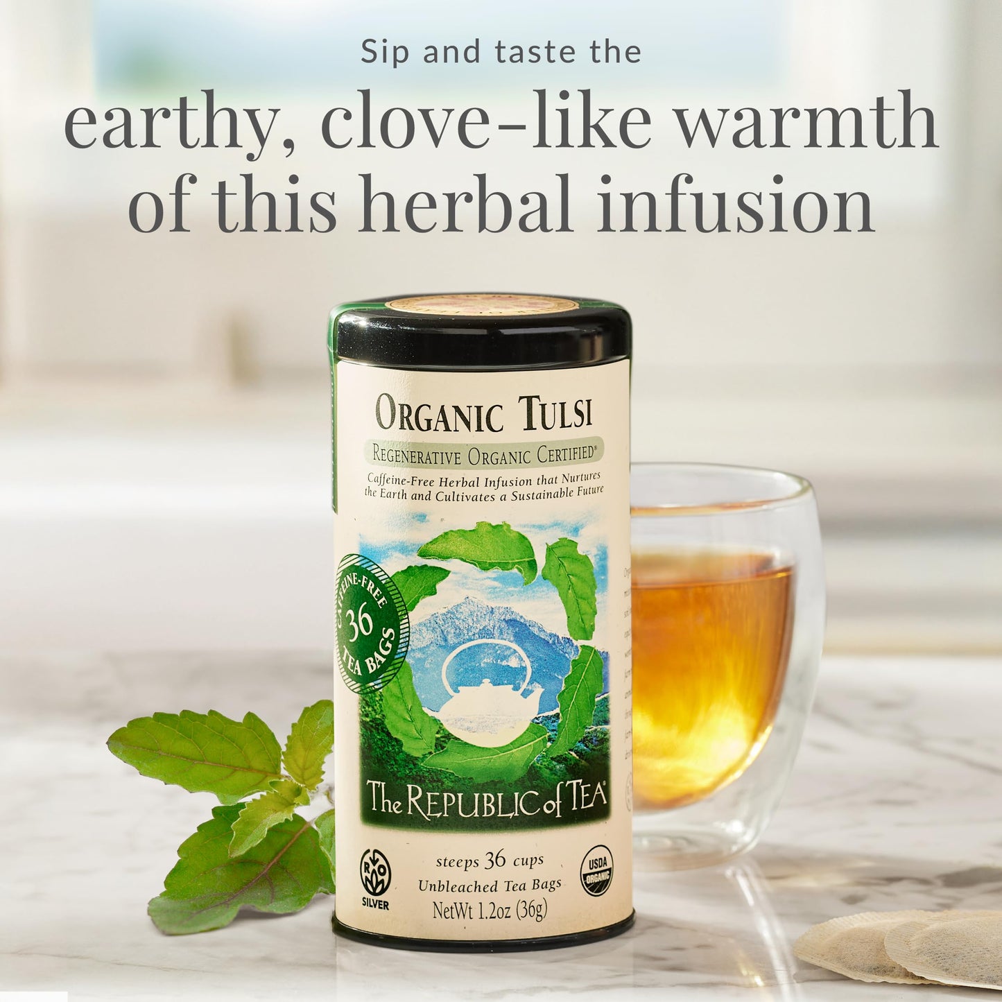 The Republic of Tea - Organic Tulsi, 36 Caffeine-Free Herbal Tea Bags, Regenerative Organic Certified