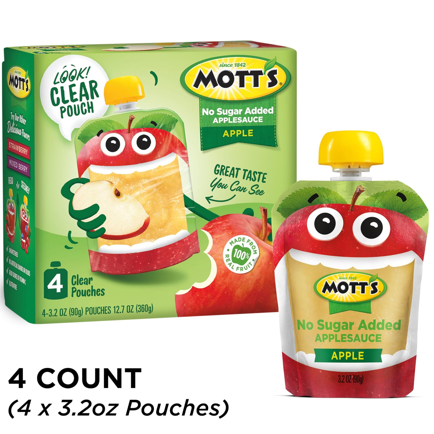 Mott's No Sugar Added Applesauce, 3.2 oz clear pouches, 4 count