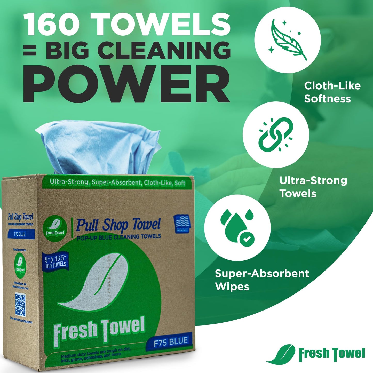 Fresh Towel Pop-Up Shop Towels - Medium Duty Blue Disposable Cleaning Cloths, 9" x 16.5" - 1 Box of 160 Soft, Absorbent Wipes for Garage, Janitorial