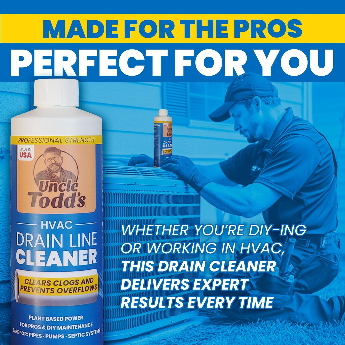 Uncle Todd's HVAC Drain Line Cleaner - 16oz / 8 Months Supply Bleach-Free, Fast-Acting, Long-Lasting AC Drain Line Solution for Tough Clogs & Buildup