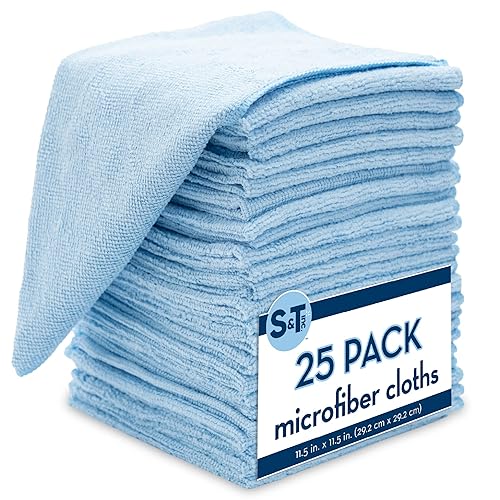 S&T INC. Microfiber Cleaning Cloth, Bulk Microfiber Towel for Home, Reusable and Lint Free Cloth Towels for Car, Light Blue, 11.5 Inch x 11.5 Inch, 25
