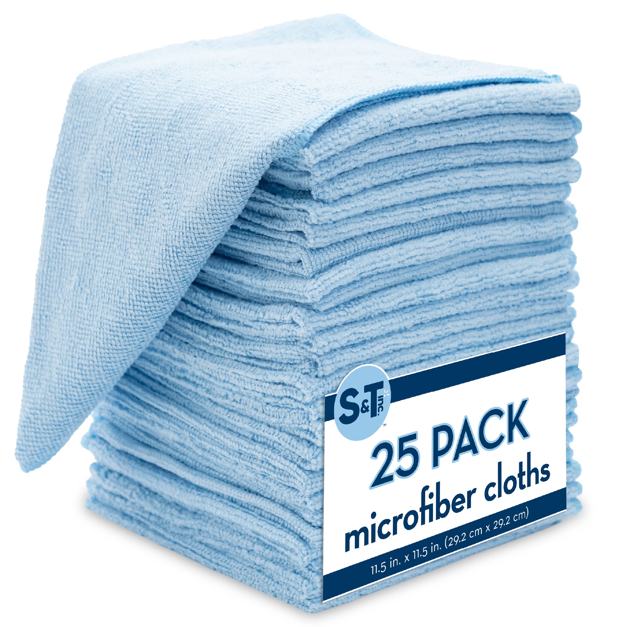 S&T INC. Microfiber Cleaning Cloth, Bulk Microfiber Towel for Home, Reusable and Lint Free Cloth Towels for Car, Light Blue, 11.5 Inch x 11.5 Inch, 25