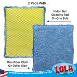 LOLA Microfiber & Nylon Net Sponges, 4 Pack, 2 Dual Sided Non Scratch Sponge Pads & 2 w/Microfiber Cloth One Side and Netting on the Other Side