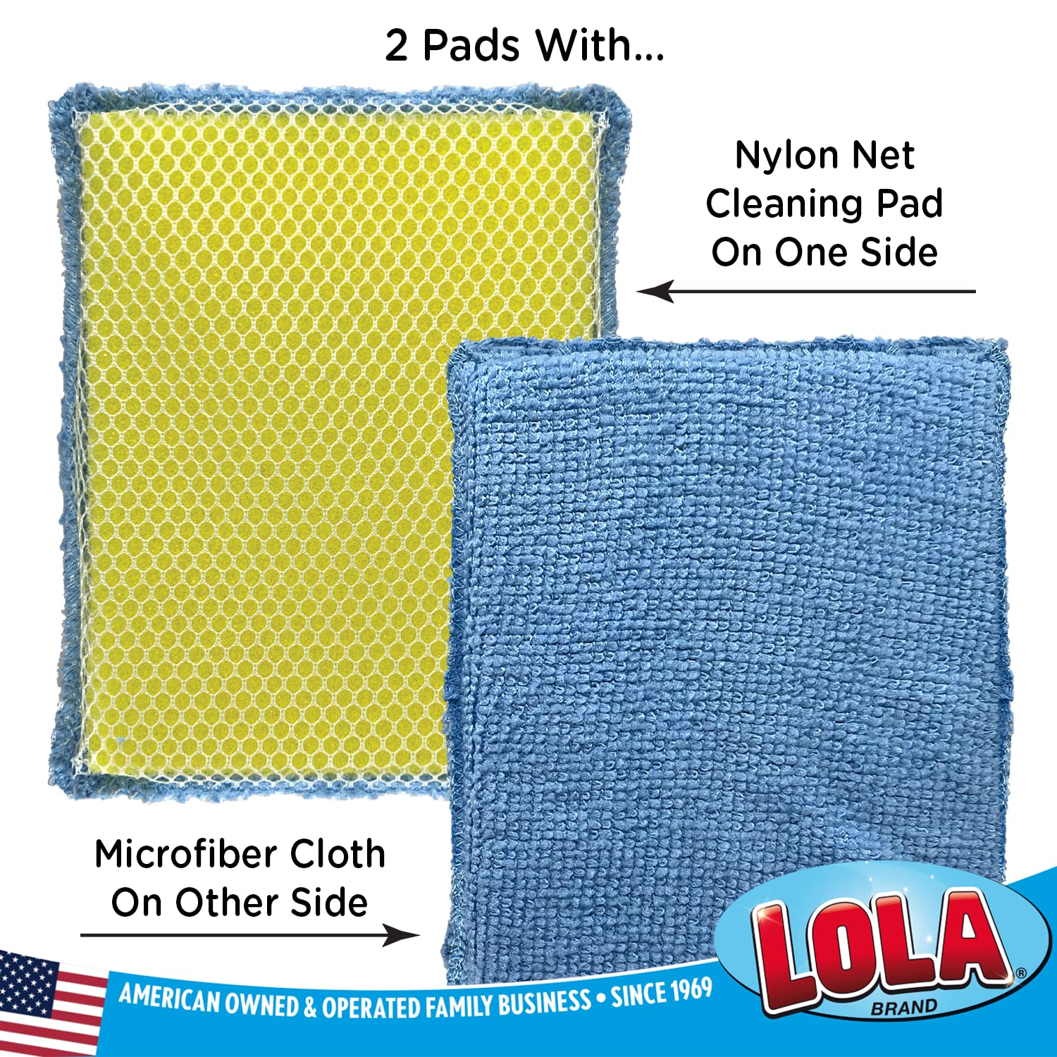 LOLA Microfiber & Nylon Net Sponges, 4 Pack, 2 Dual Sided Non Scratch Sponge Pads & 2 w/Microfiber Cloth One Side and Netting on the Other Side