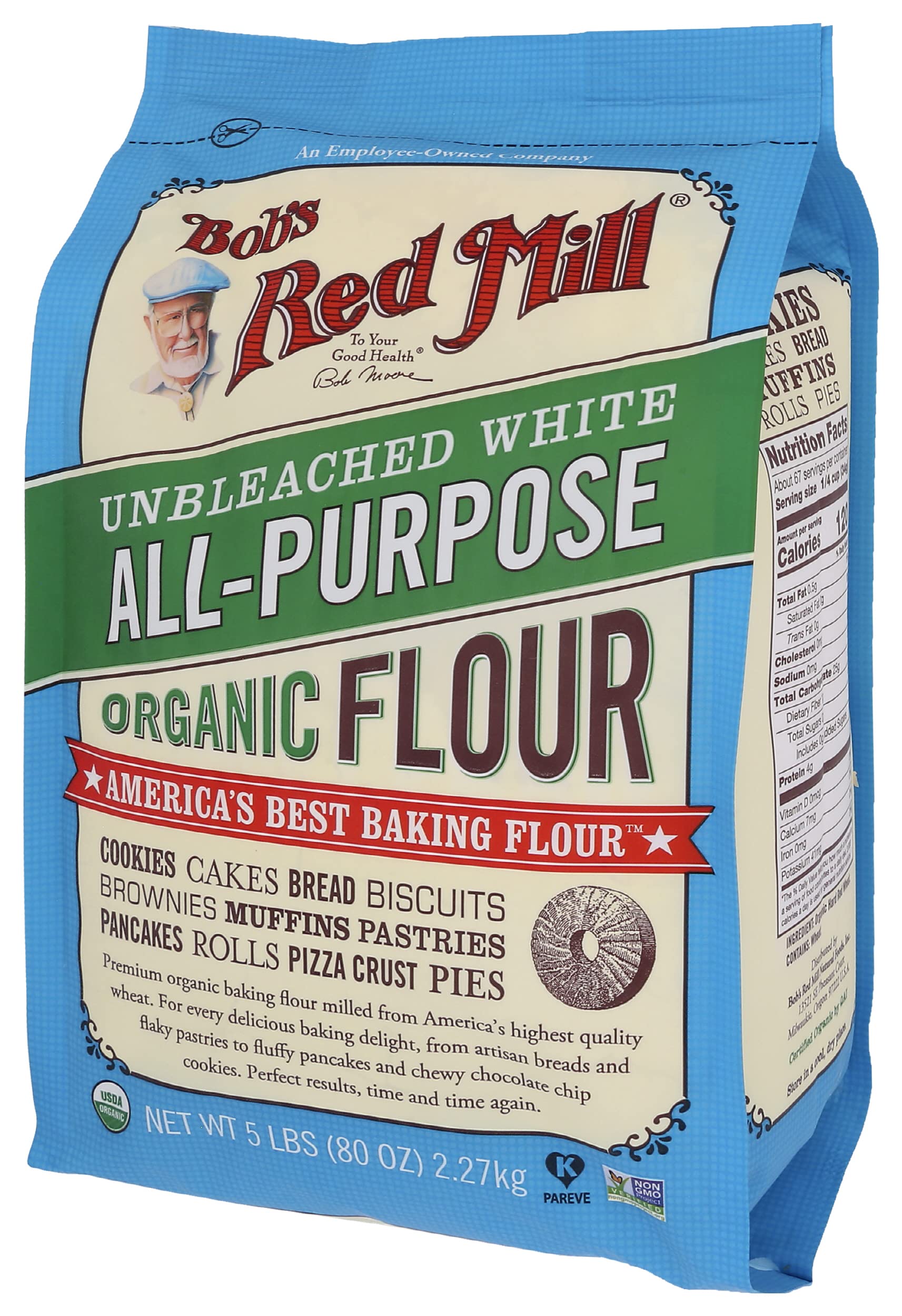 Bob's Red Mill Organic Unbleached All Purpose Flour, 5lb (Pack of 1) - Vegan, Kosher, Unbromated, Unenriched