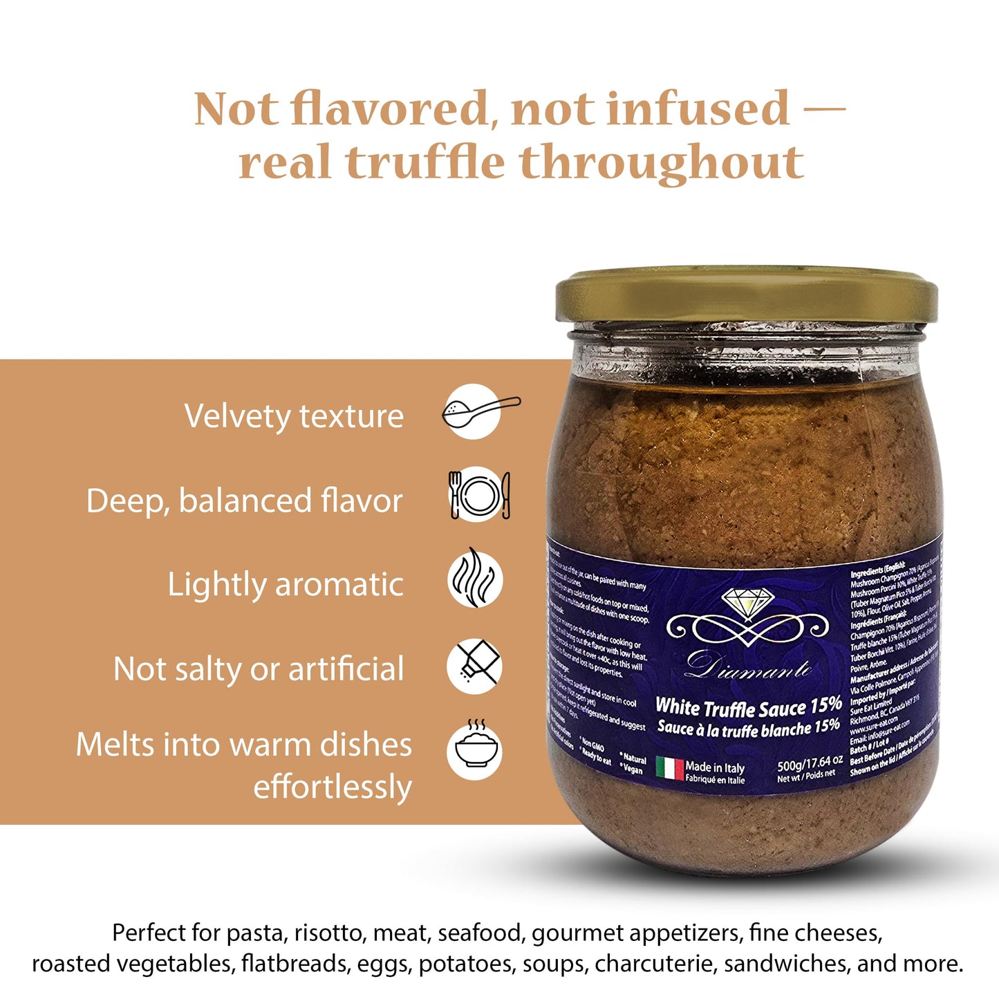Diamante Italy White Truffle Sauce with High 15% White Truffle Content - Authentic Italian Gourmet White Truffle & Mushroom Sauce - Non GMO, Vegan