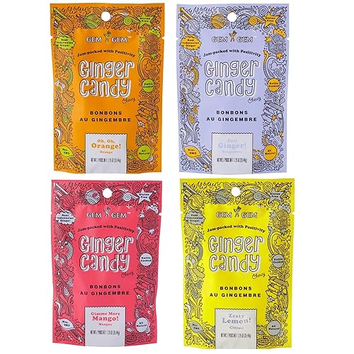 Gem Gem Ginger Candy Chewy Ginger Chews (Assorted Mix, 1.25oz, Pack of 4)