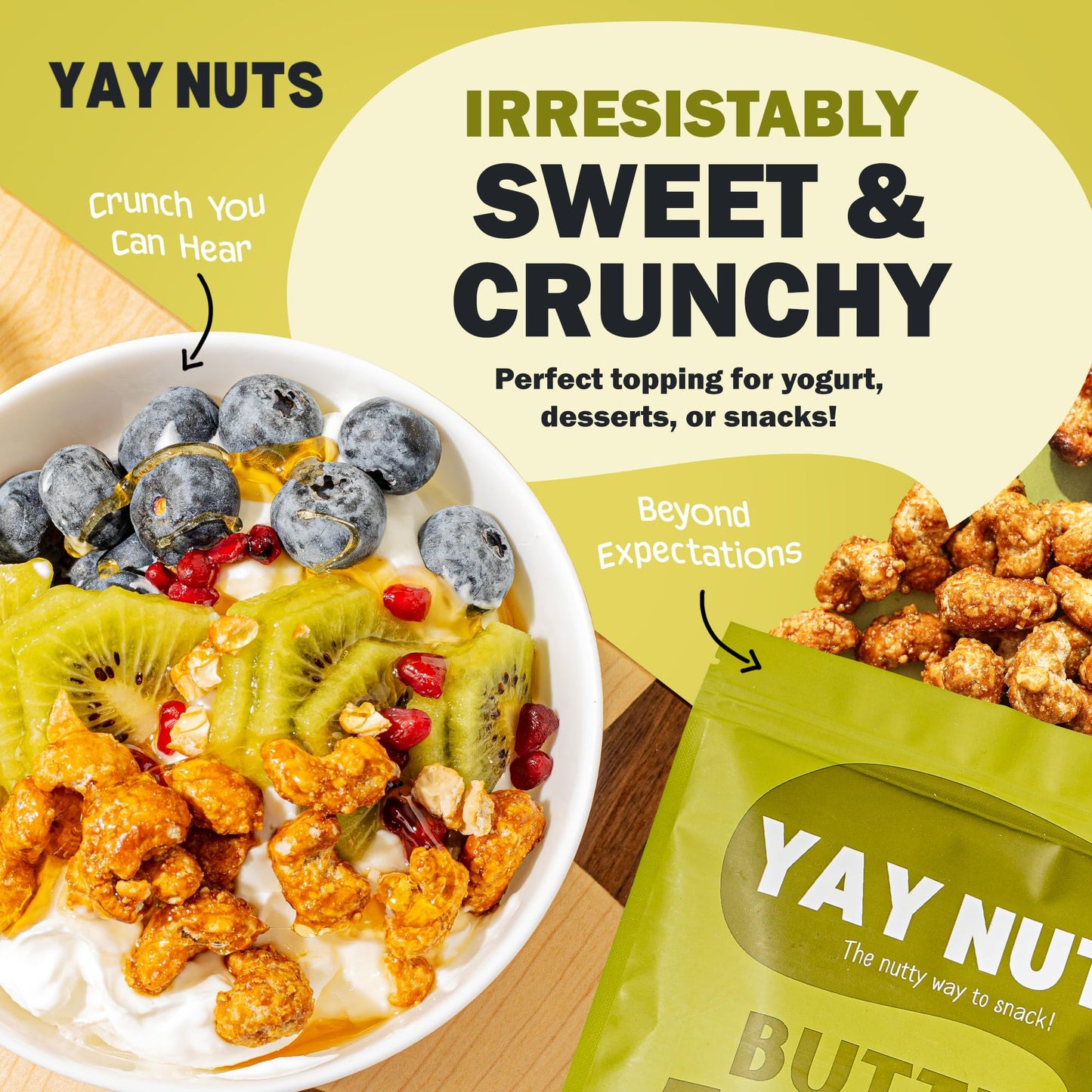 YAY NUTS Butter Toffee Cashews - All-Natural Sweet & Salty Snack, Crunchy Roasted Cashews Coated in Rich Caramelized Butter Toffee, Made in USA