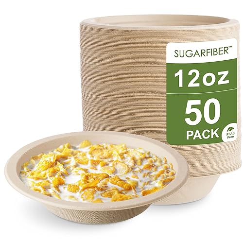 [50 Count]Harvest Pack PFAS Free 12oz Compostable Paper Bowls, Round Heavy-Duty Eco-Friendly Disposable Bagasse Bowls, Biodegradable Sugarcane Natural