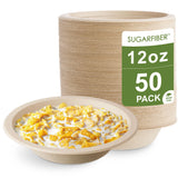 [50 Count]Harvest Pack PFAS Free 12oz Compostable Paper Bowls, Round Heavy-Duty Eco-Friendly Disposable Bagasse Bowls, Biodegradable Sugarcane Natural