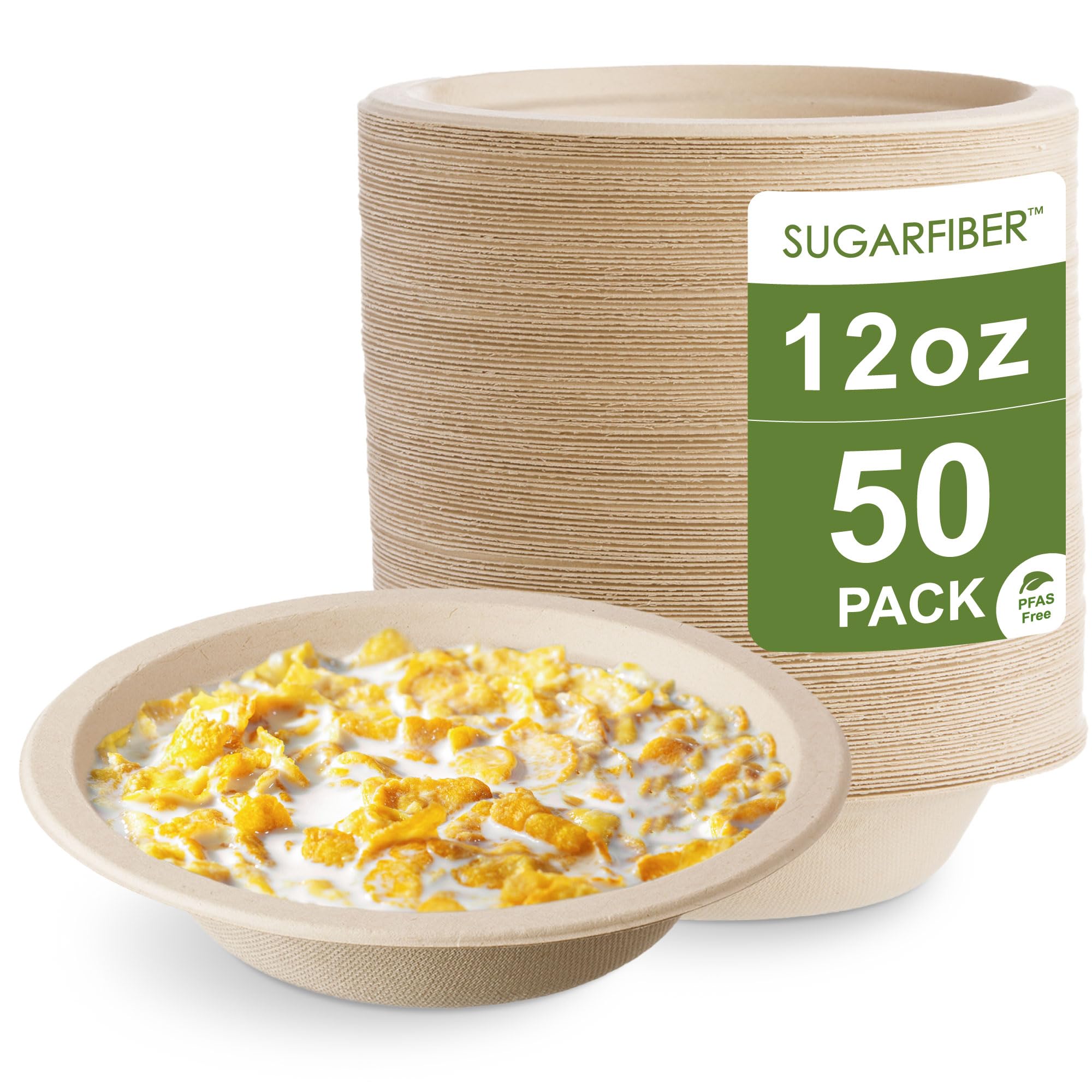 [50 Count]Harvest Pack PFAS Free 12oz Compostable Paper Bowls, Round Heavy-Duty Eco-Friendly Disposable Bagasse Bowls, Biodegradable Sugarcane Natural