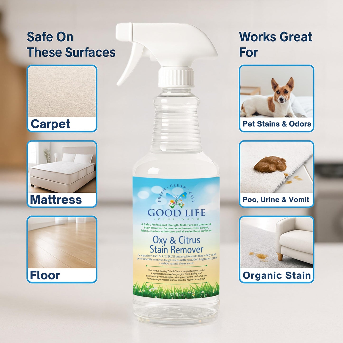 Good Life Solutions Oxy Citrus Stain Remover and All-Purpose Cleaner - Plant-based Multi-Purpose Cleaning Spray, Perfect for Mattress, Carpet, Floors
