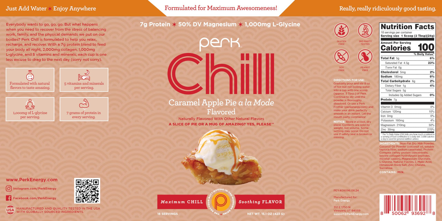 Perk Chill Drink Mix (Caramel Apple Pie) 18 Servings - Calming Melatonin-Free Nighttime Sleep Aid Support with Magnesium & L-Glycine, Gluten-Free