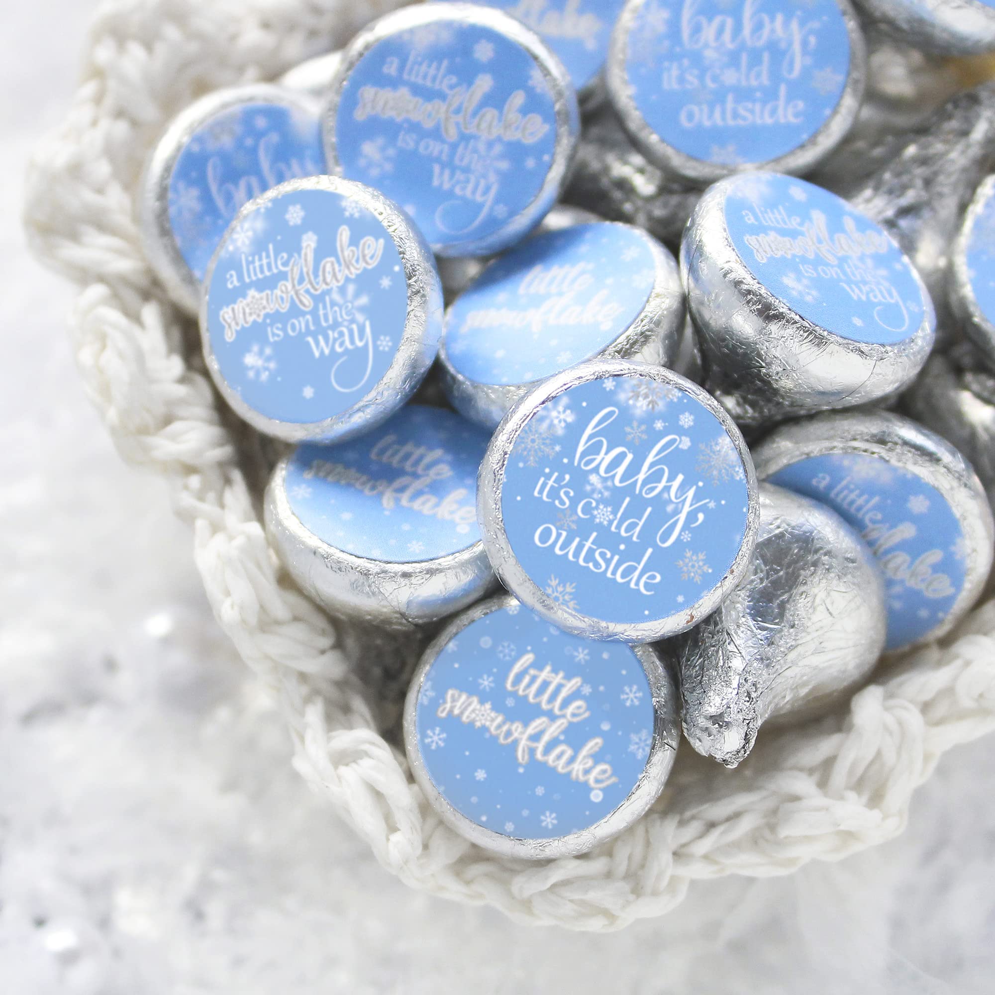 Blue Little Snowflake Winter Baby Shower Chocolate Kisses Candy Stickers, Baby It's Cold Outside Party Favors - 180 Count