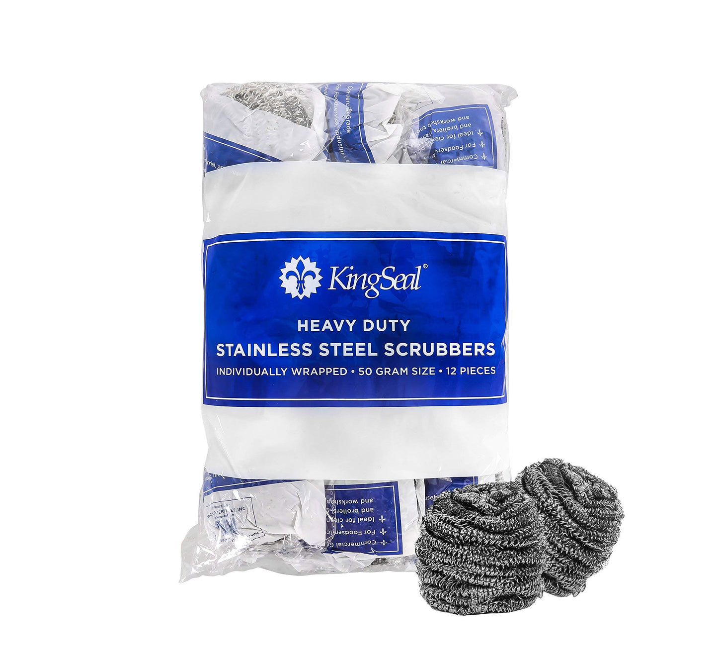 12 Count | KingSeal Stainless Steel Scrubbers, Scrub Pads, Heavy Duty, 50 gram Weight, Individually Wrapped - 1 Pack of 12