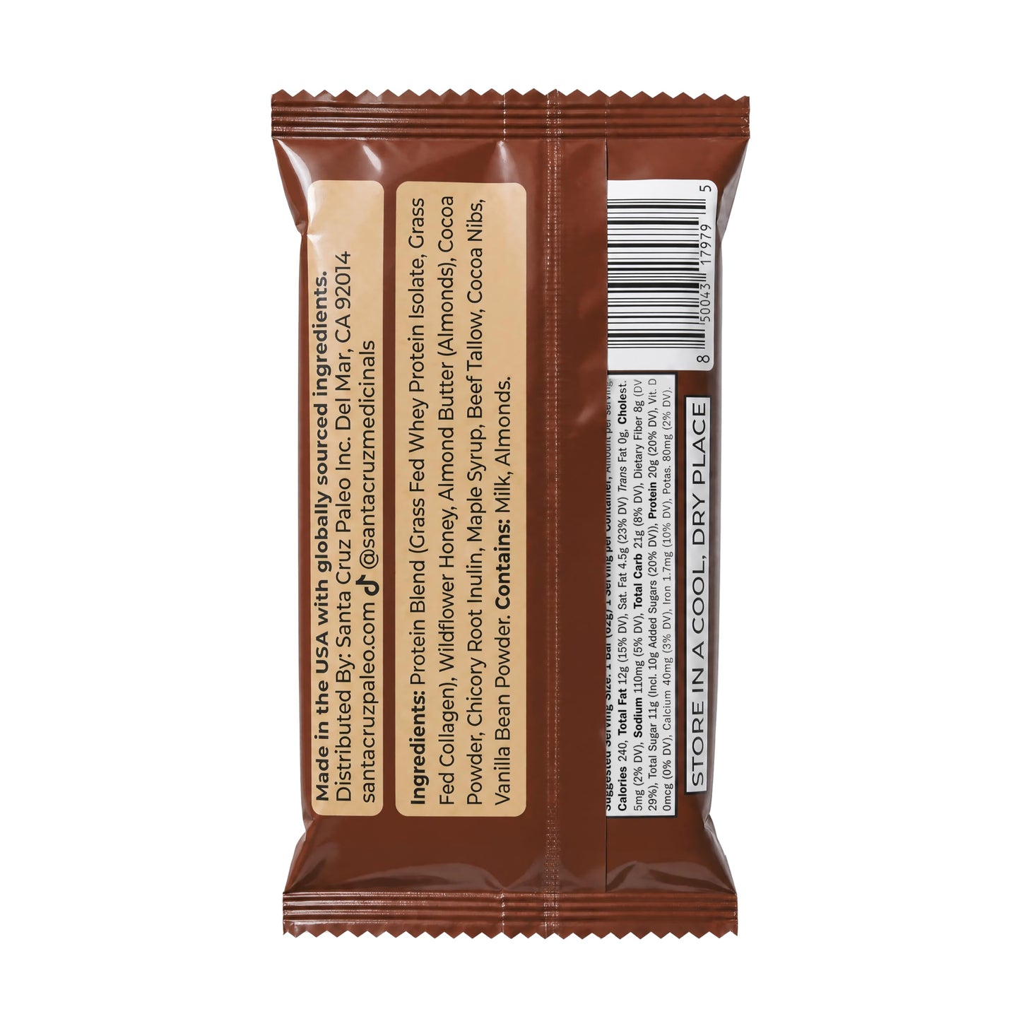 Santa Cruz Paleo Protein Bar - 20g Grass-Fed Whey & Collagen Protein - Wildflower Honey Sweetened, No Seed Oils, High Protein Snack Bar (Chocolate