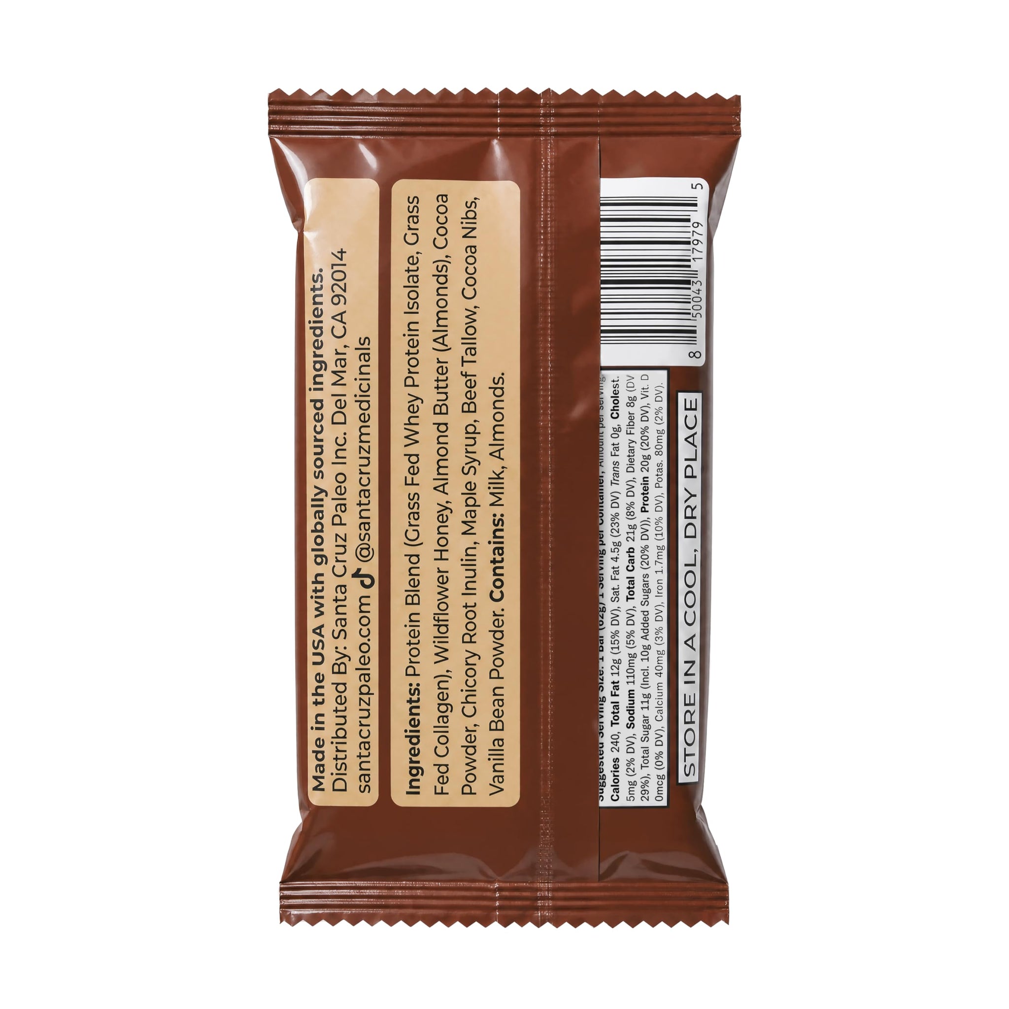Santa Cruz Paleo Protein Bar - 20g Grass-Fed Whey & Collagen Protein - Wildflower Honey Sweetened, No Seed Oils, High Protein Snack Bar (Chocolate