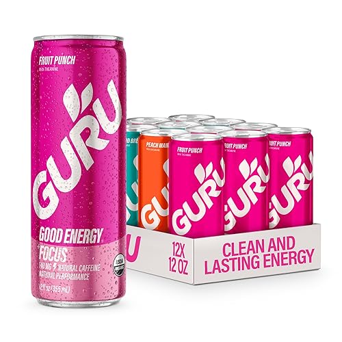 GURU Energy Drink Punch Variety Pack, Organic Sparkling Energy Drink with 140 MG Natural Caffeine + Real Fruit Juice + L Theanine for Workouts