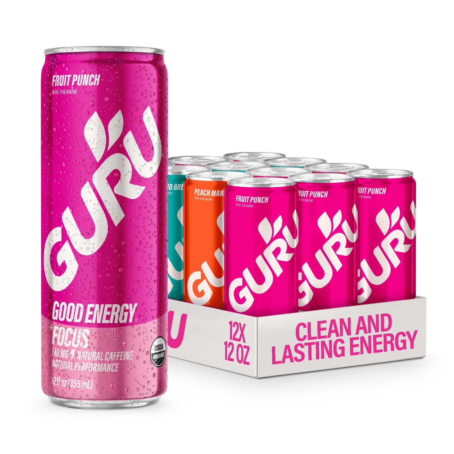 GURU Energy Drink Punch Variety Pack, Organic Sparkling Energy Drink with 140 MG Natural Caffeine + Real Fruit Juice + L Theanine for Workouts