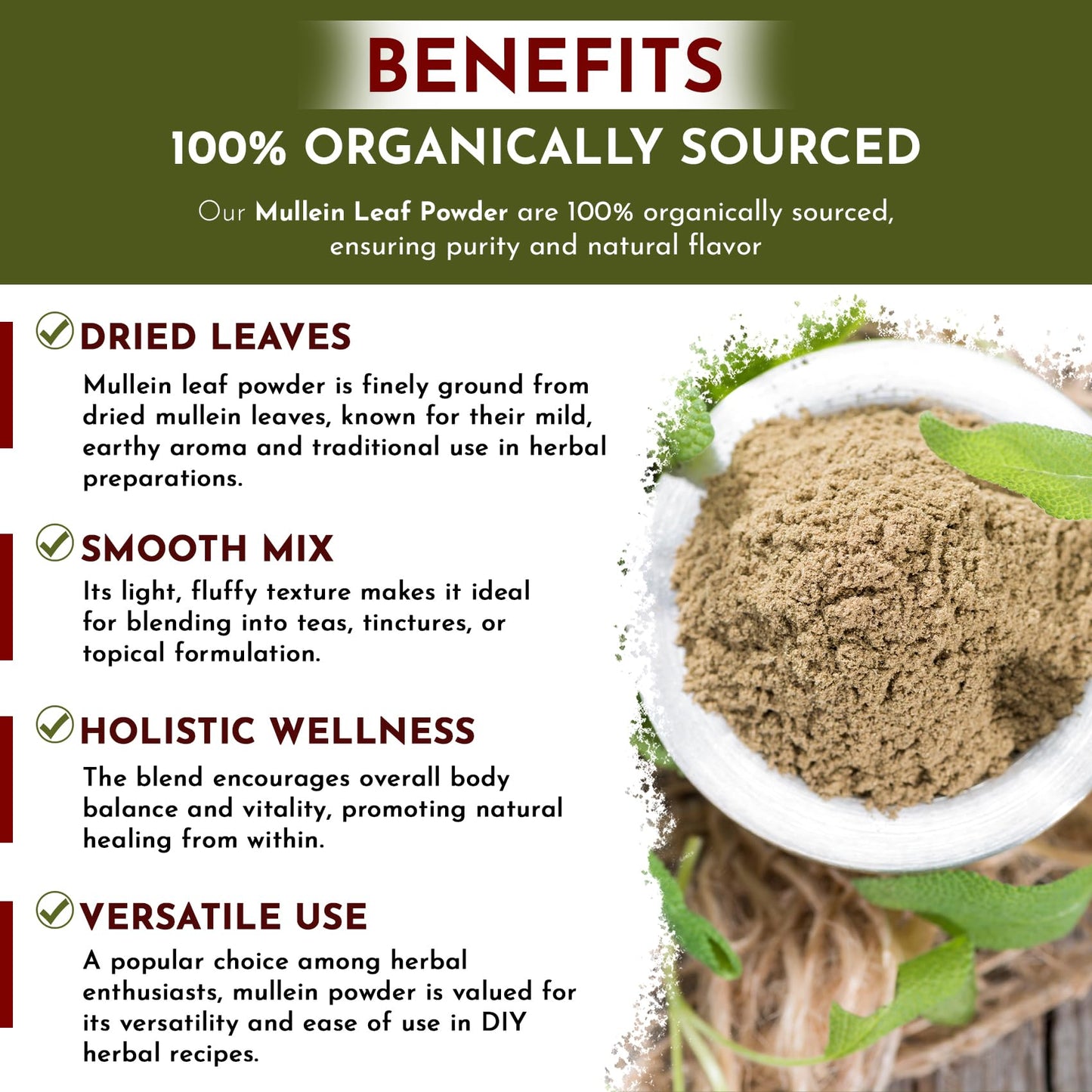 Organic Way Mullein Leaf Powder (Verbascum thapsus) - European Wild-Harvest | Organic & Kosher Certified | Vegan, Non GMO & Gluten Free | USDA