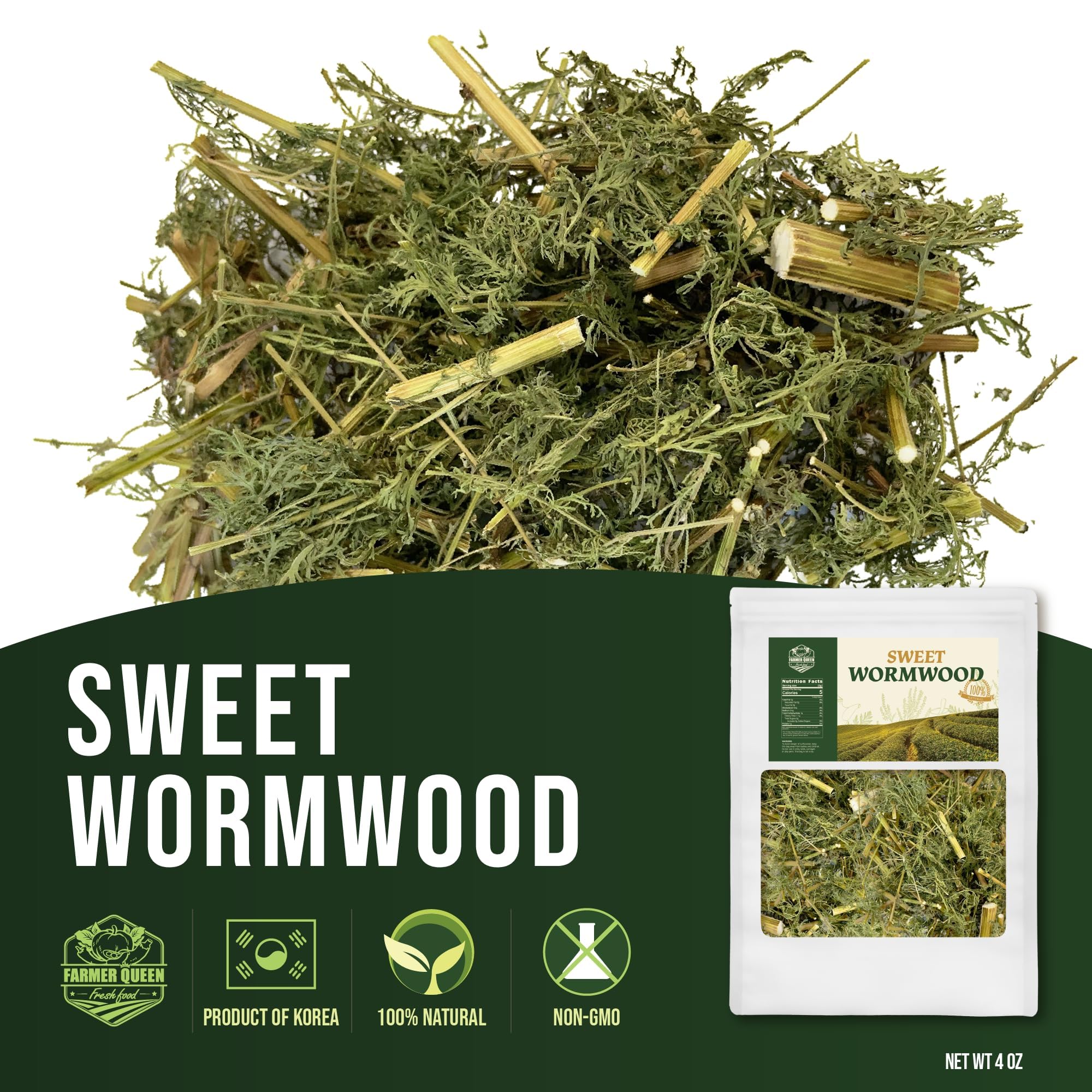 Dried Korean Sweet Wormwood Artemisia Annua (Dried Loose Leaves 4oz) Farmer Queen Tea Hand-Selected Leaves, Minimized Thick Stems Selected Mainly