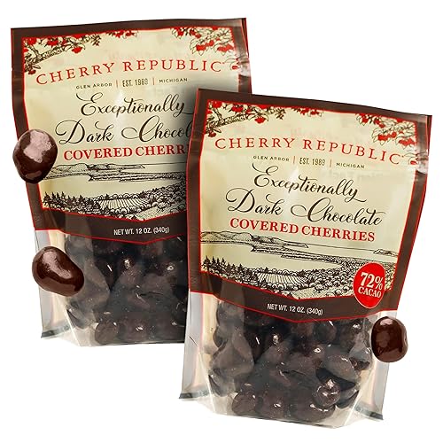 Cherry Republic Exceptionally Dark Chocolate Covered Cherries, 12 oz, Pack of 2 - Real Michigan Montmorency Tart Cherries with 72% Cacao, All-Natural