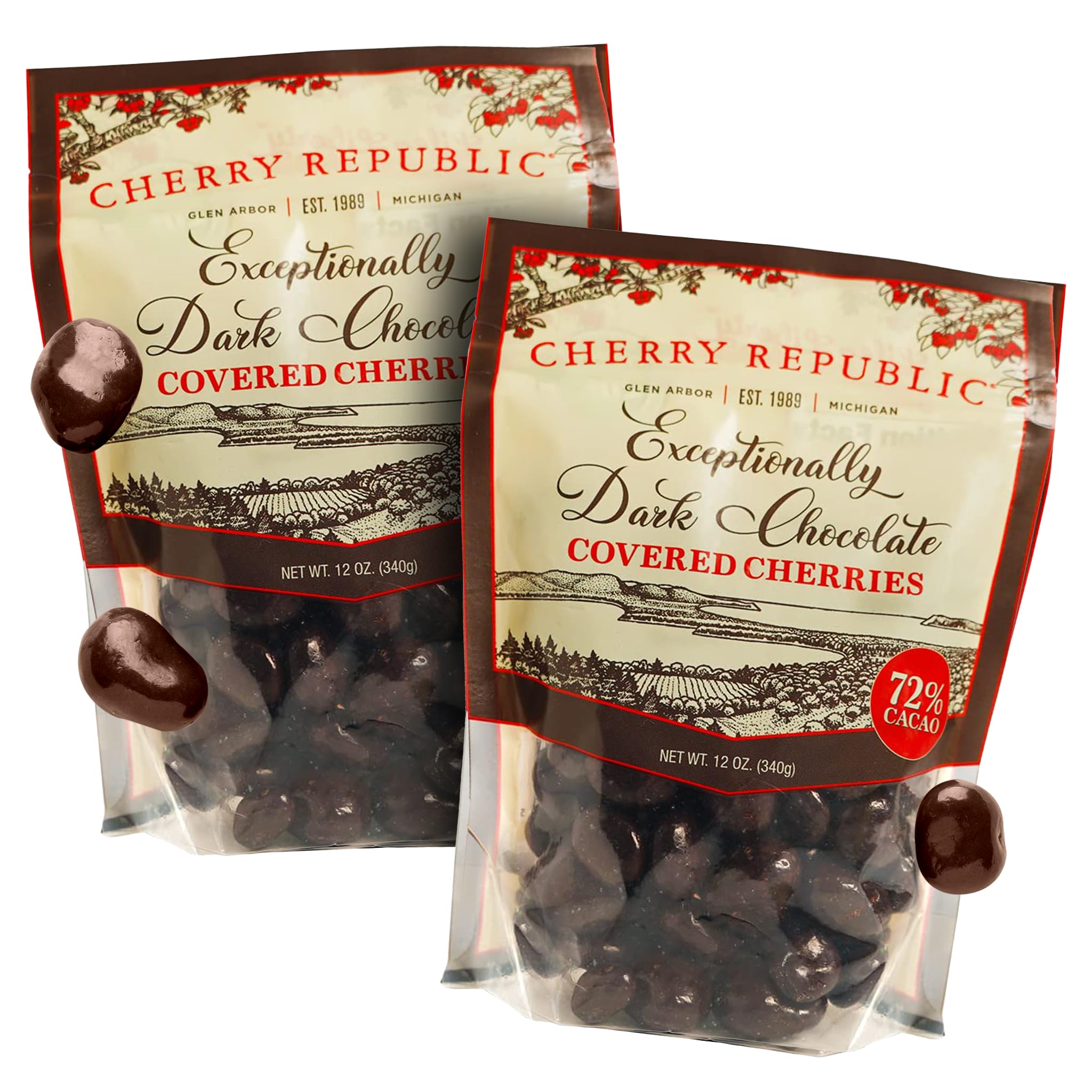 Cherry Republic Exceptionally Dark Chocolate Covered Cherries, 12 oz, Pack of 2 - Real Michigan Montmorency Tart Cherries with 72% Cacao, All-Natural