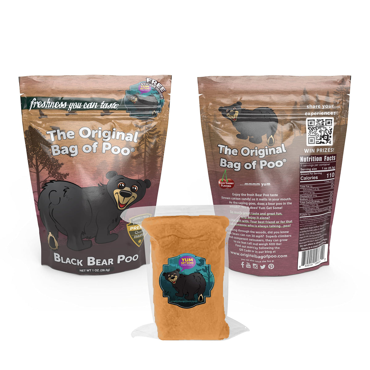 The Original Bag of Poo®, Black Bear Poo (Black Cherry Flavor Cotton Candy) Novelty Poop Gag Gift. Free sticker inside.