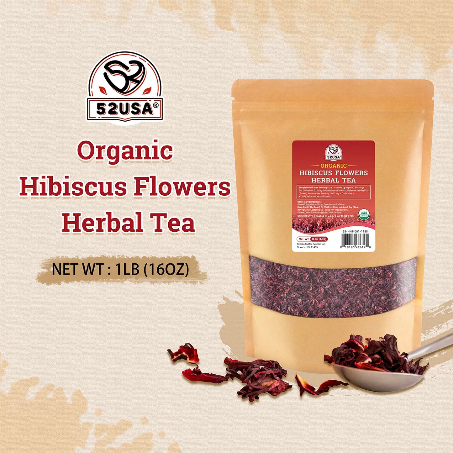 52USA Organic Hibiscus Flowers, Hibiscus Tea, 1 lb (16oz), Dried Hibiscus Flowers, 100% Certified Organic, Cut and Sifted, Flor de Jamaica, Gluten