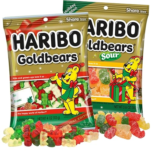 Christmas Haribo Goldbears, Original and Sour Gummy Bears, Assorted Fruit Flavored, Holiday Stocking Stuffers, 3.6 and 4 Ounces (Pack of 2)