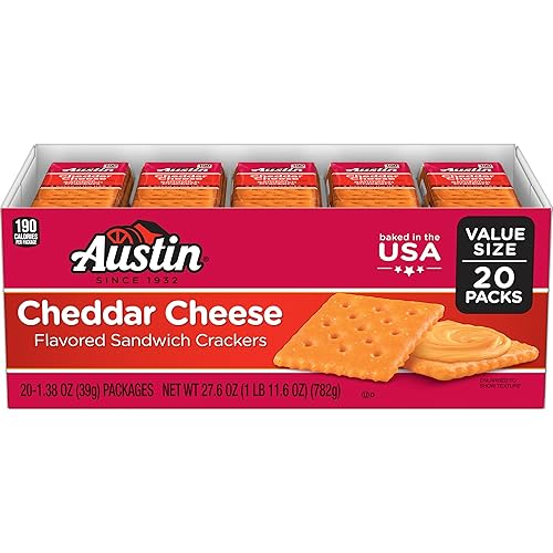Austin Cheddar Cheese Flavored Sandwich Crackers, Lunch Snacks, Value Size, 27.6oz Tray (20 Packs)